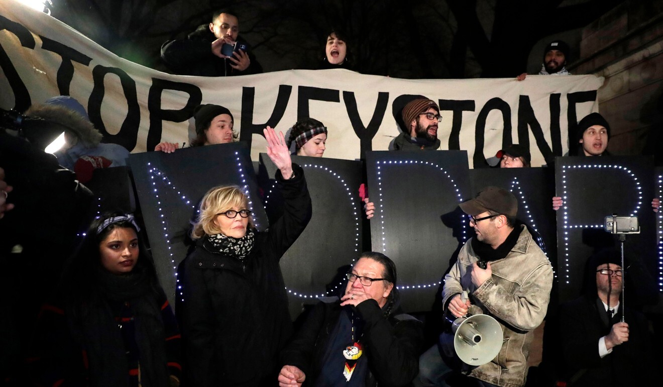 US actress and political activist Jane Fonda (second from left) joins opponents of the Keystone XL pipeline in 2017. A perception persists in Alberta that Ottawa cares more about Washington than one of its most important revenue-generating provinces. Photo: AFP