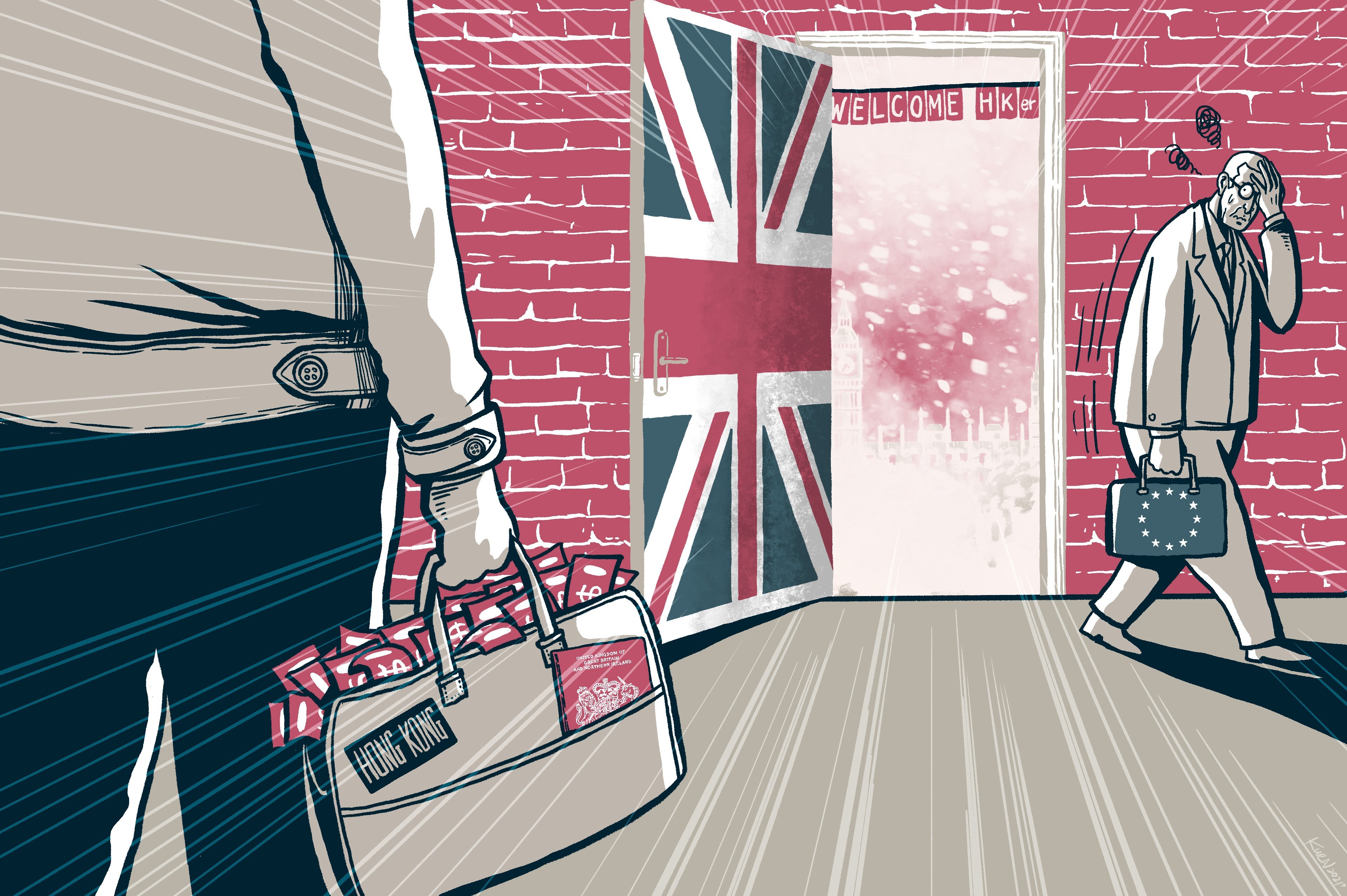 Analysts say the battered British economy will receive a welcome boost from the arrival of a significant number of educated or rich Hongkongers. Illustration: Lau Ka-kuen
