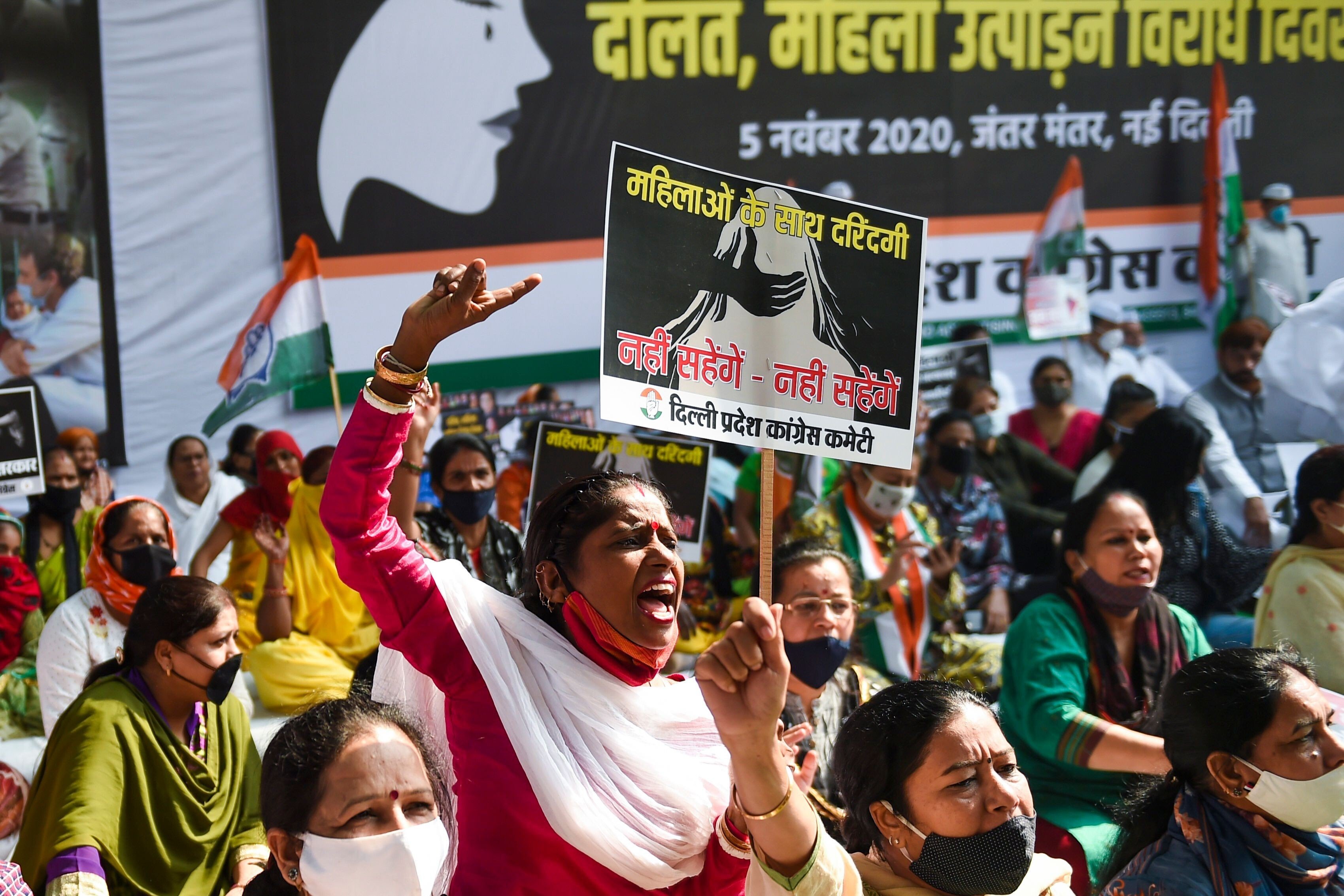 Protesters shout slogans during a demonstration in New Delhi, on November 5, 2020, against atrocities committed on women in India. Photo: AFP