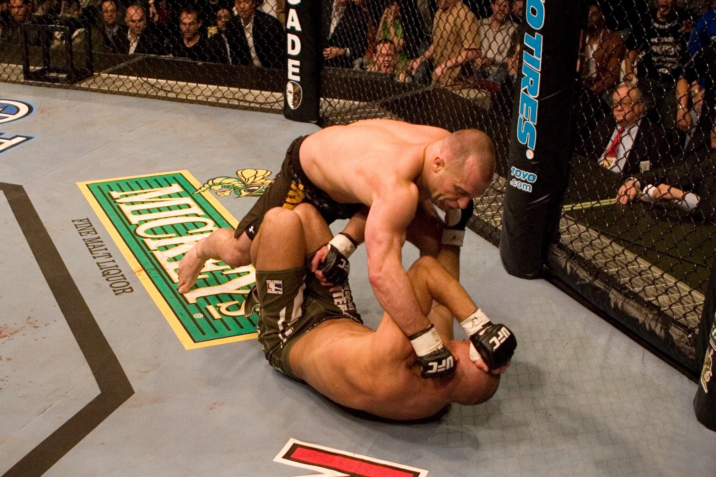 Matt Serra finishes Georges St-Pierre with a first-round TKO at UFC 69 on April 7, 2007, in Houston, Texas. Photo: Josh Hedges/Zuffa LLC via Getty Images