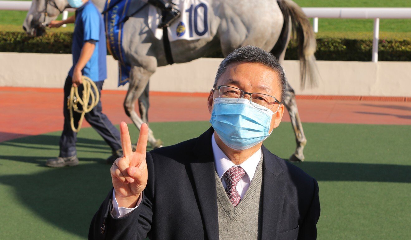 Trainer Francis Lui celebrates his Group Three victory with Glorious Dragon.