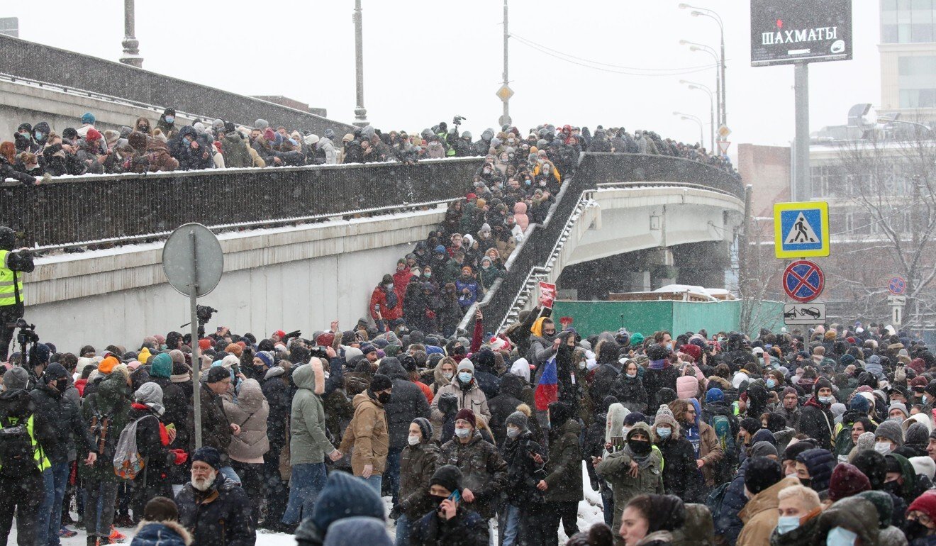 Crowds march in Moscow on Sunday. Photo: Bloomberg