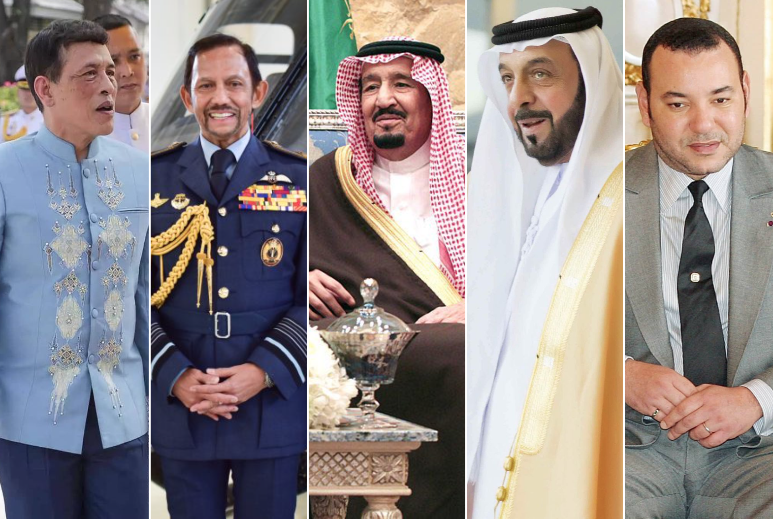 King Vajiralongkorn, Sultan Hassanal Bolkiah, King Salman bin Abdulaziz Al Saud, Sheikh Khalifa bin Zayed Al Nahyan and King Mohammed VI. Photo: @TildaAng, @nurlhaqchaniago, @AviKaner/Twitter, @kb_zayed, @le_roi_mohammed_6/Instagram