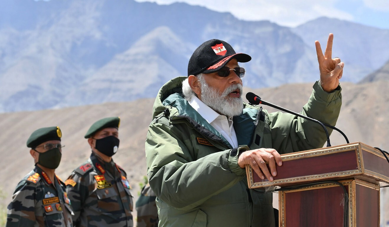 Indian Prime Minister Narendra Modi addresses soldiers during a visit to the remote Ladakh area bordering China last year. Photo: AP