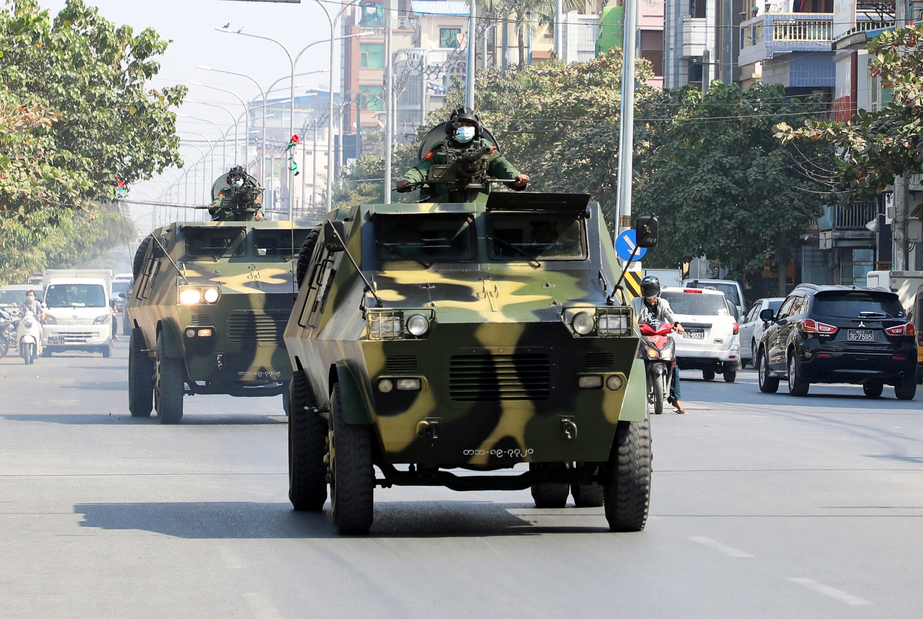 Armoured military vehicles on the streets of Mandalay after the military coup. Photo: Reuters