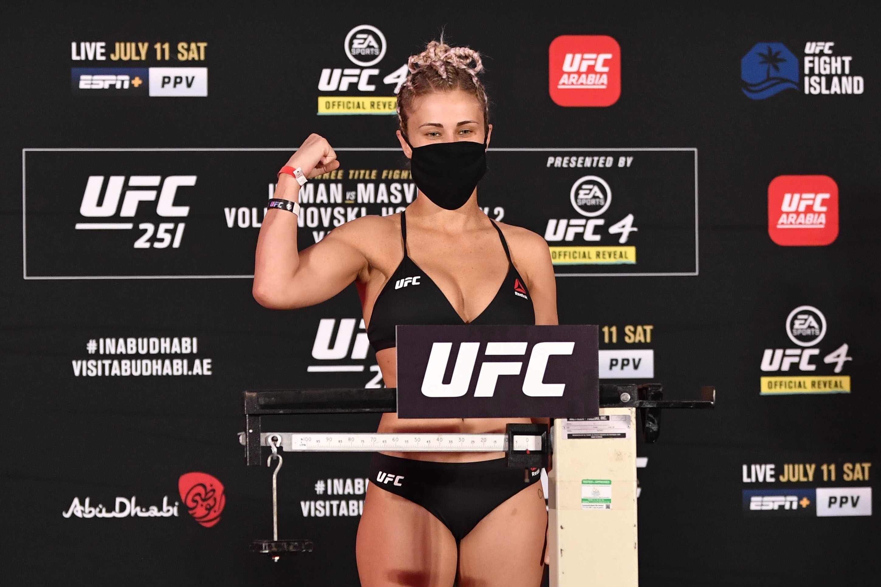 Paige VanZant poses on the scale during the UFC 251 official weigh-in. Photo: Jeff Bottari/Zuffa LLC