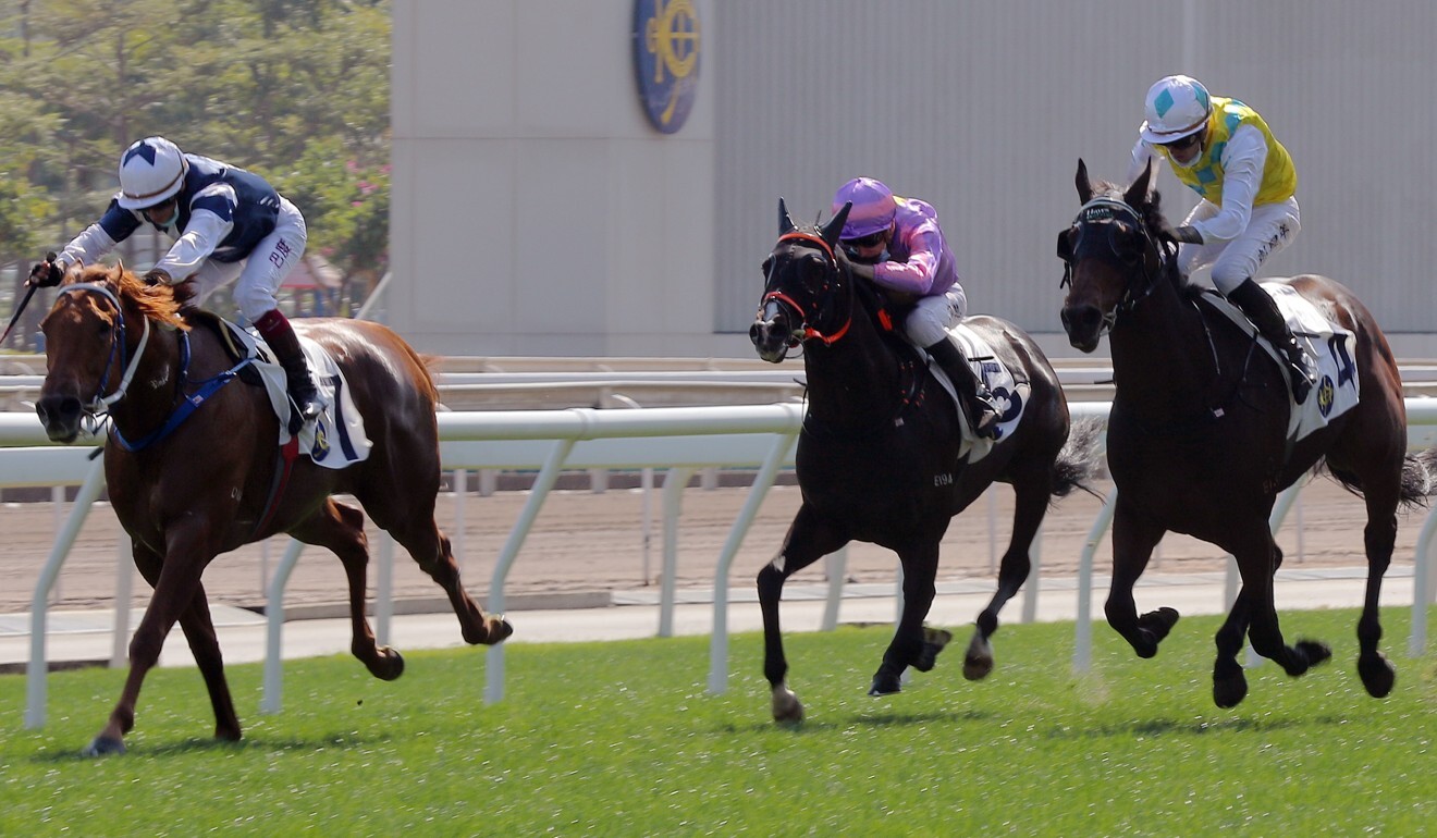 Conqueror (right) and Arthur’s Kingdom (centre) run home behind The Rock at Sha Tin.