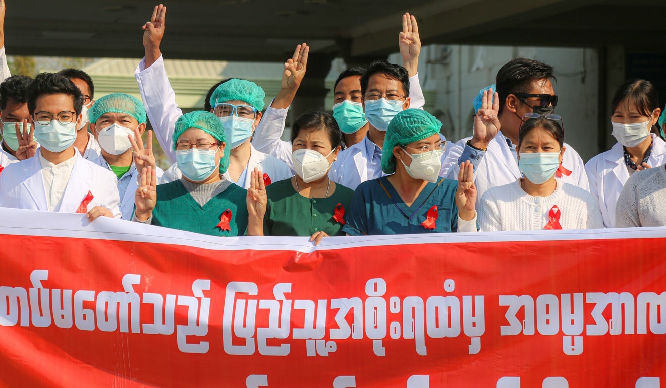 Medical workers in Myanmar protest against the military coup. Photo: DPA