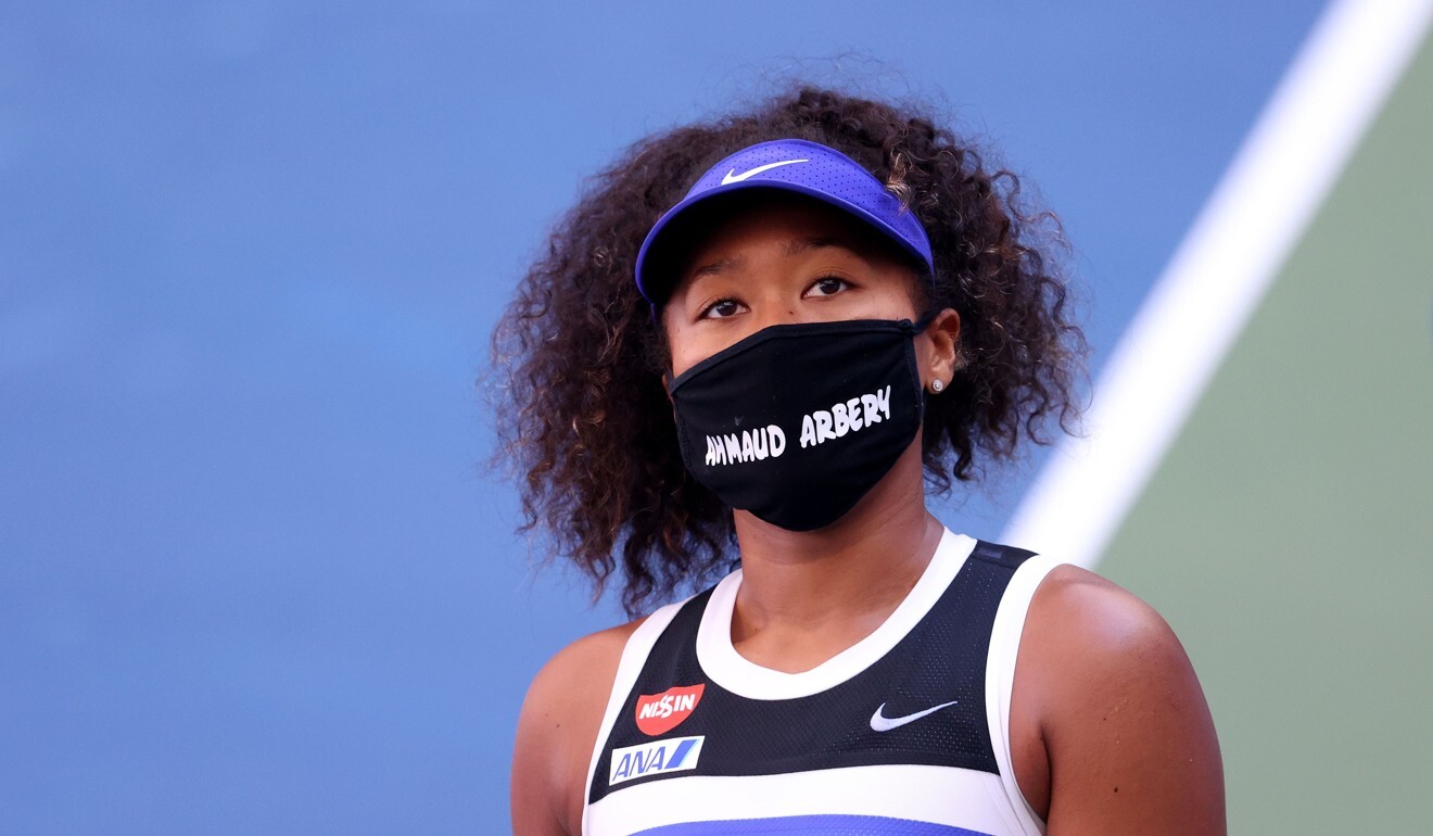 Osaka wears a protective face mask with the name Ahmaud Arbery stencilled on it after winning a third match at the 2020 US Open. Photo: AFP
