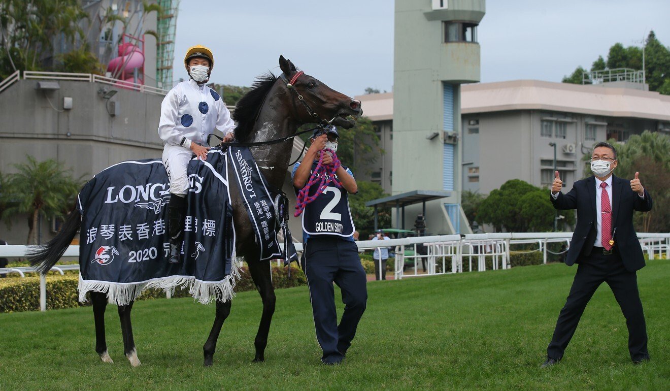 The connections of Golden Sixty celebrate his Hong Kong Mile victory.