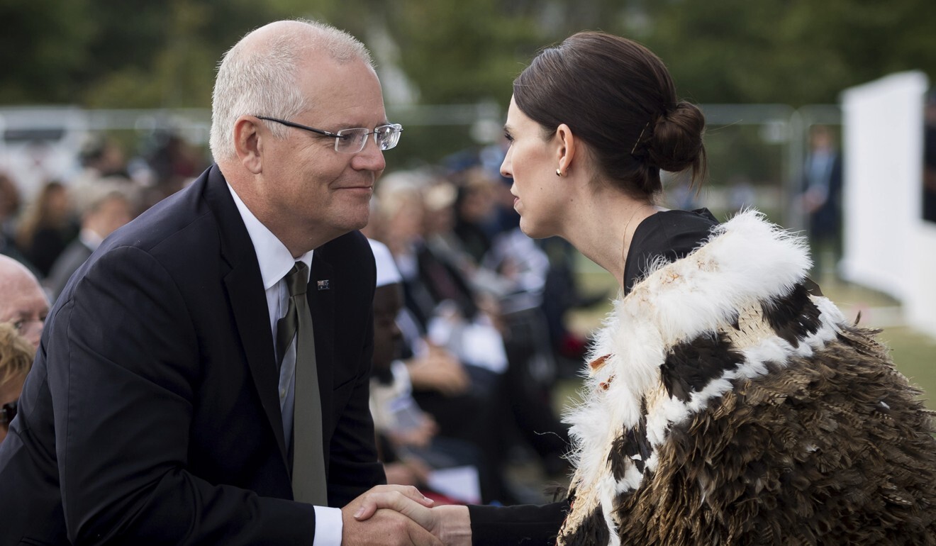 New Zealand Prime Minister Jacinda Ardern, right, meets Australian Prime Minister Scott Morrison during a national remembrance service for victims of the Christchurch attacks in March 2019. Photo: New Zealand Government via AP