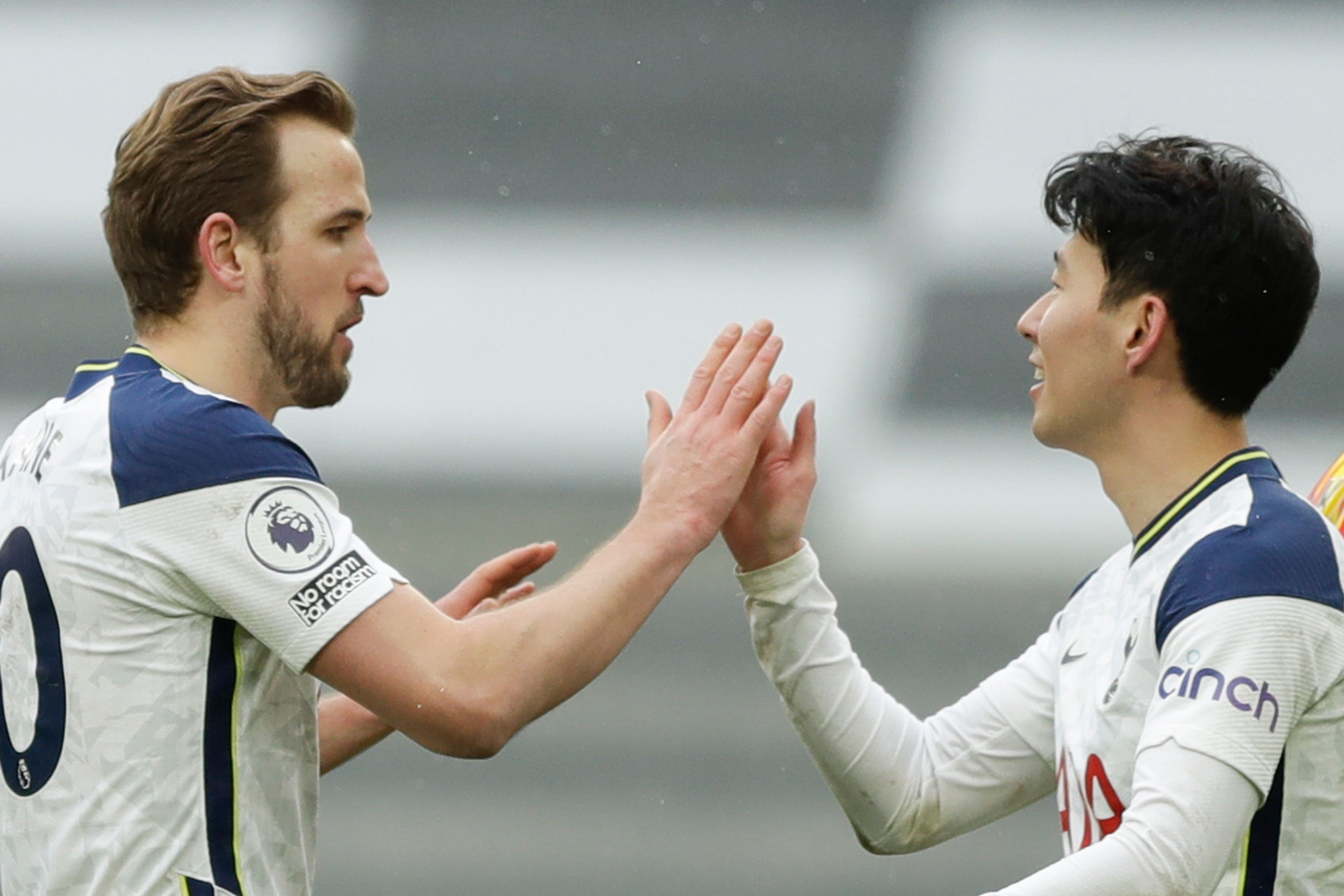Tottenham Hotspur’s Harry Kane and Son Heung-min celebrate after beating West Bromwich Albion in the English Premier League. Photo: AFP