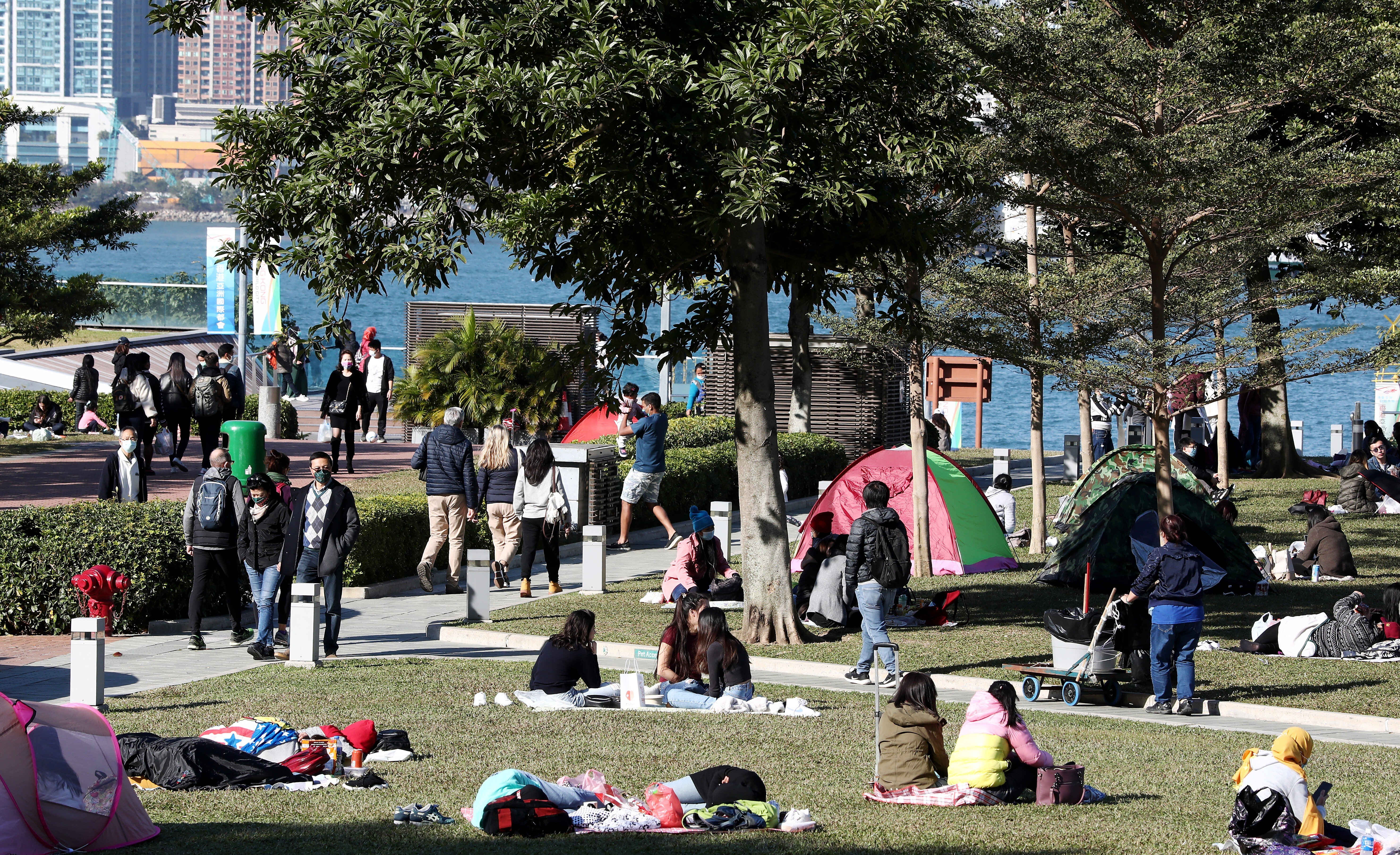 People enjoy a sunny day at Tamar Park, Admiralty, on January 21. Photo: Jonathan Wong