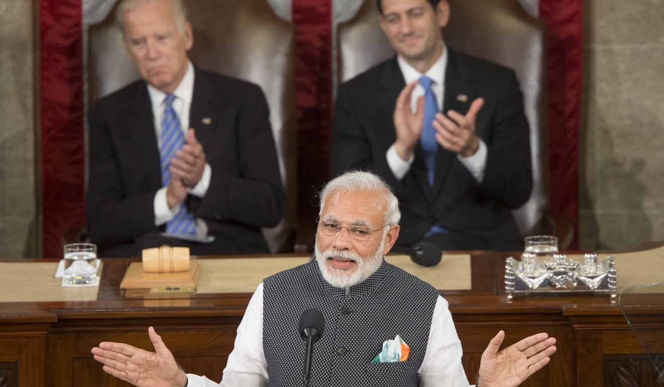 Indian Prime Minister Narendra Modi (bottom) in front of then US Vice-President Joe Biden (left) during a joint session of the US Congress in 2016. Biden made his first phone call as US president to Modi on Tuesday. Photo: EPA