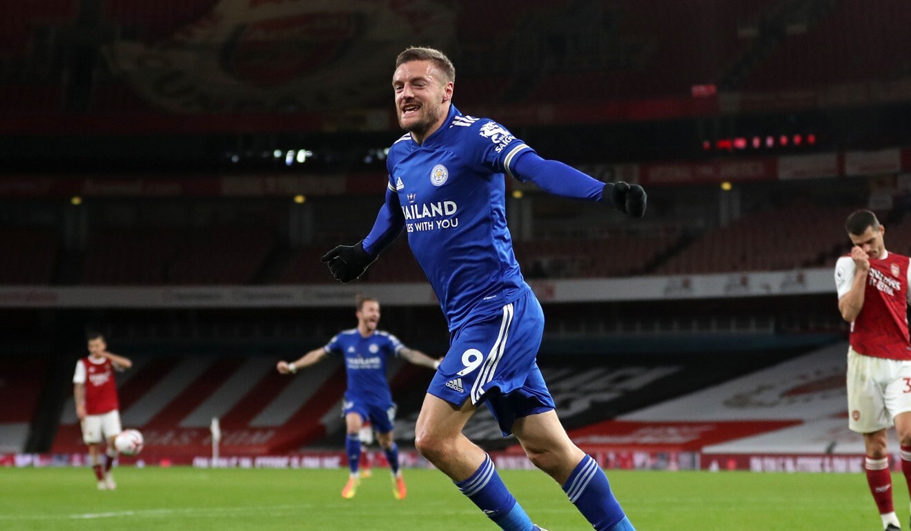 Leicester City striker Jamie Vardy celebrates scoring the opening goal against Arsenal in the Premier League last October. Photo: AFP