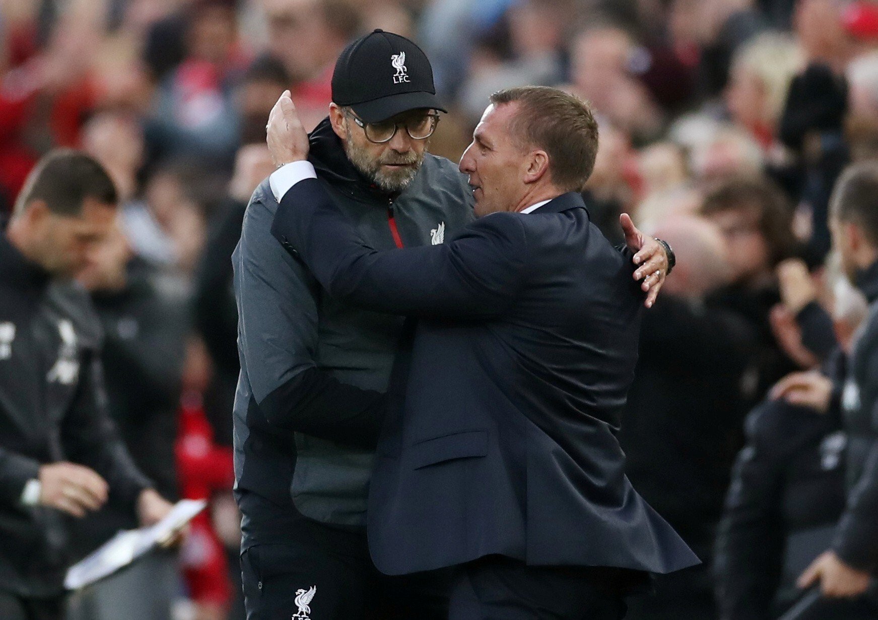 Liverpool manager Jurgen Klopp and Leicester City counterpart Brendan Rodgers embrace after a Premier League match last October. Photo: Reuters