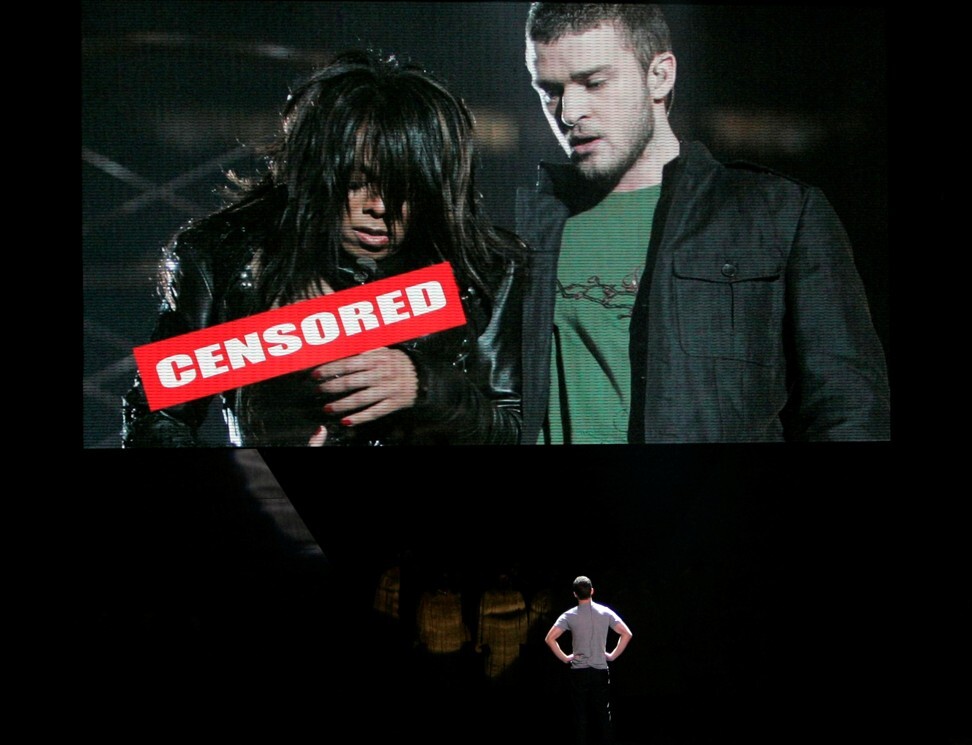 Justin Timberlake looks up at a video screen recalling his past performance at the Super Bowl half-time show on July 16, 2008. File photo: Reuters