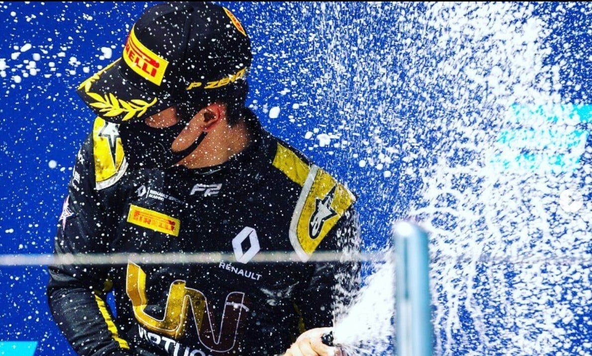 China's Zhou Guanyu celebrates his first Formula Two victory at Sochi in 2020. Photo: Instagram/Zhou Guanyu