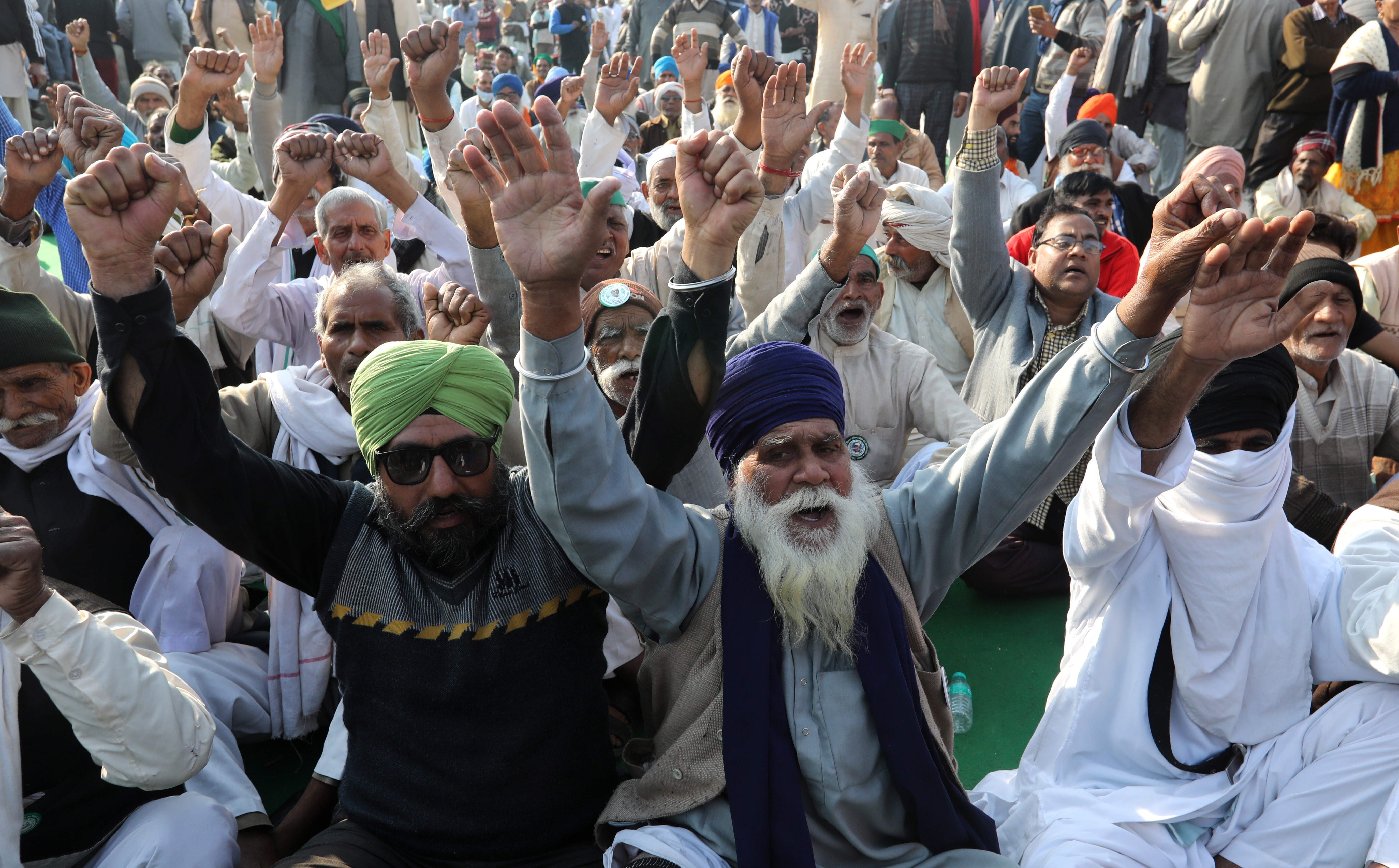 Indian farmers protesting at the Delhi Ghazipur Border near New Delhi. The US government’s criticism of India’s suspension of the internet during protests has stoked tensions between the two countries. Photo: EPA/EFE