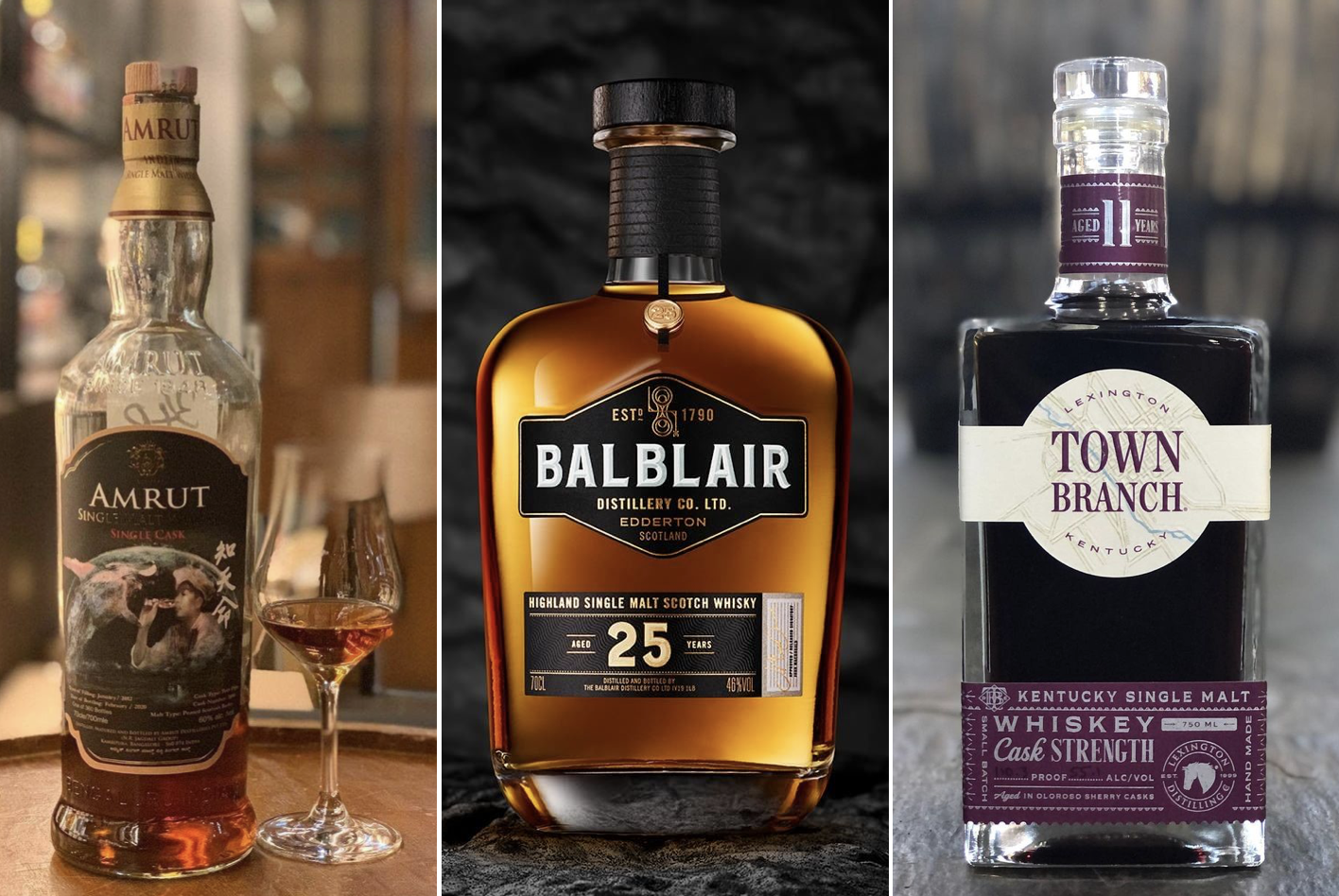 Amrut Fusion single malt whiskey, Balblair 25-year-old single malt scotch, Town Branch Cask Strength single malt bourbon. Photo: @amrutmalt, @balblairwhisky, @townbranchbourbon/Instagram