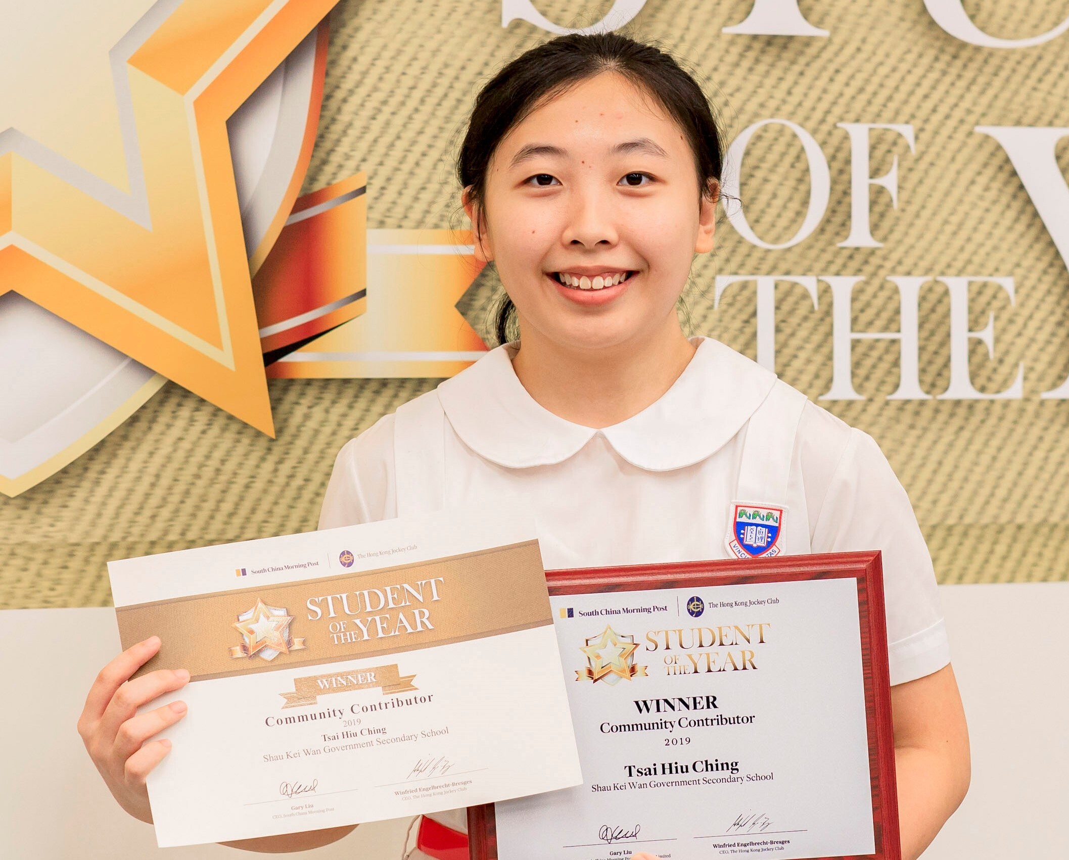The Community Contributor Student of the Year awards winner, Amy Tsai Hiu-ching, is now 18. She recently graduated from Shau Kei Wan Government Secondary School. Photo: SCMP