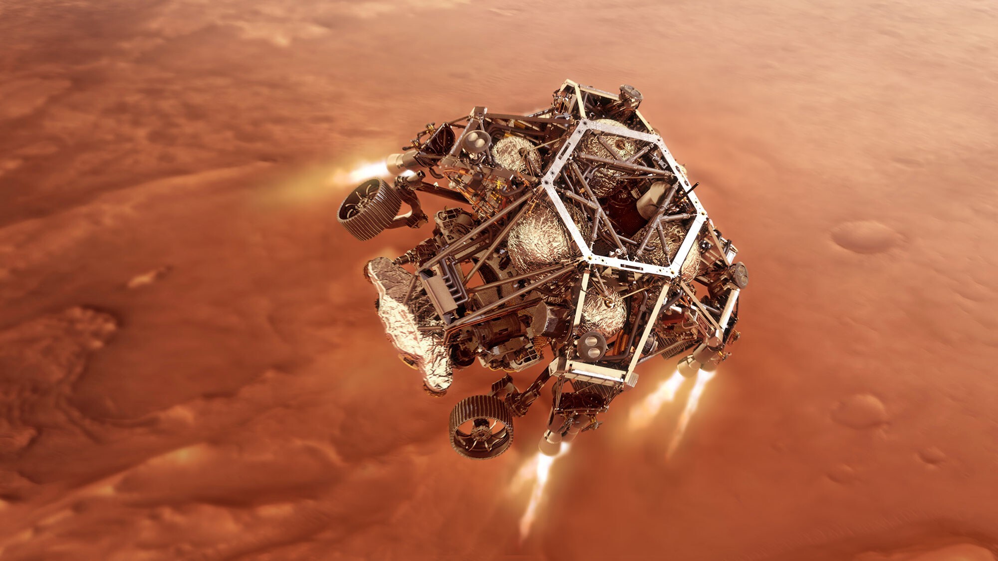 An artist’s impression depicts Nasa’s Perseverance rover firing up its descent stage engines as it nears the Martian surface. Image: Nasa handout