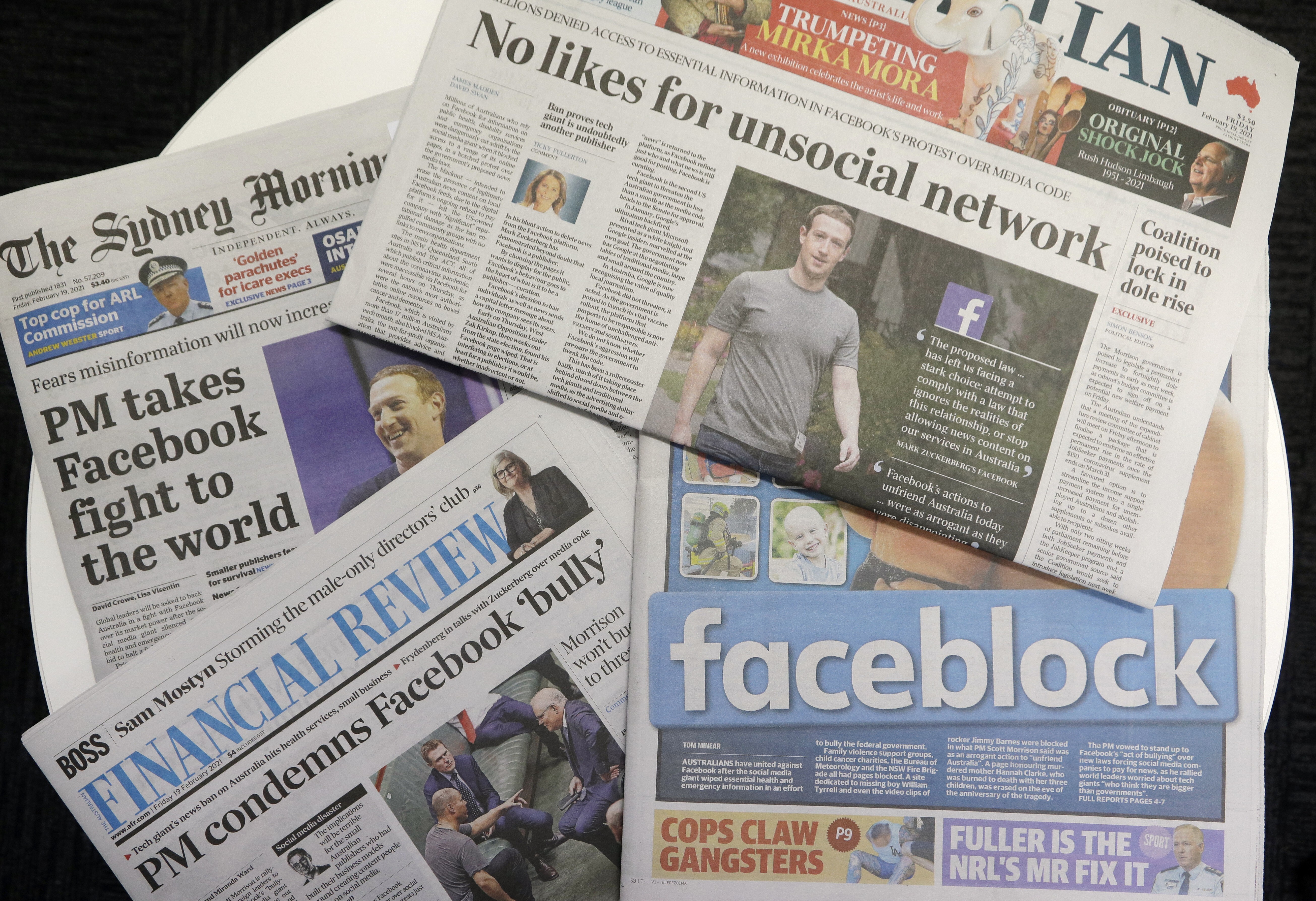 The Australian press reacts to Facebook’s move. Photo: AP