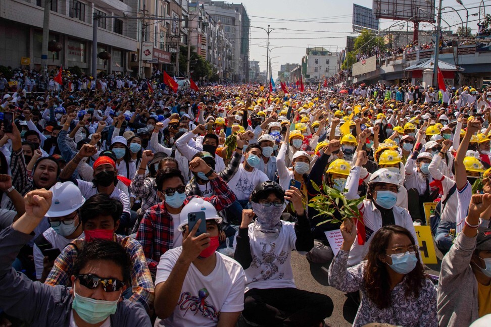 Protesters take part in a demonstration against the military coup in Mandalay on February 22, 2021. Photo: AFP
