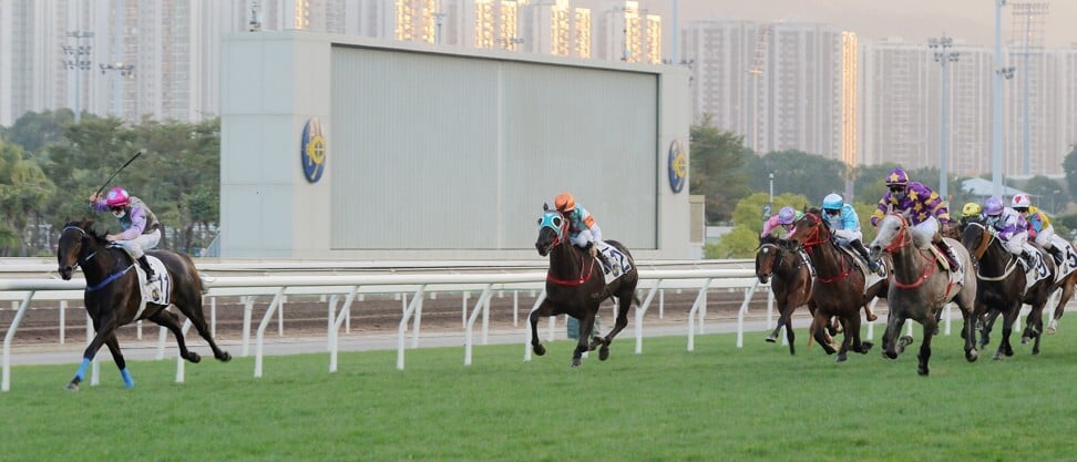 Silver Express (far right) veers off the track while My Sugar (inside) goes on to win at Sha Tin.