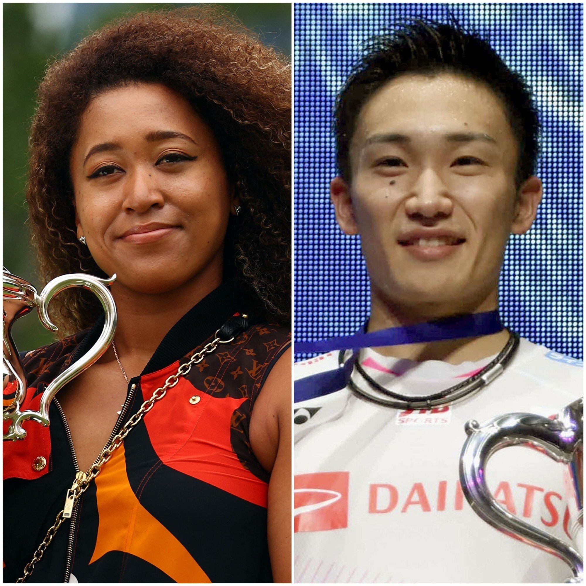 Japanese women’s tennis player Naomi Osaka and men’s badminton player Kento Momota are nominated for Laureus sports awards. Photos: AFP, Kyodo