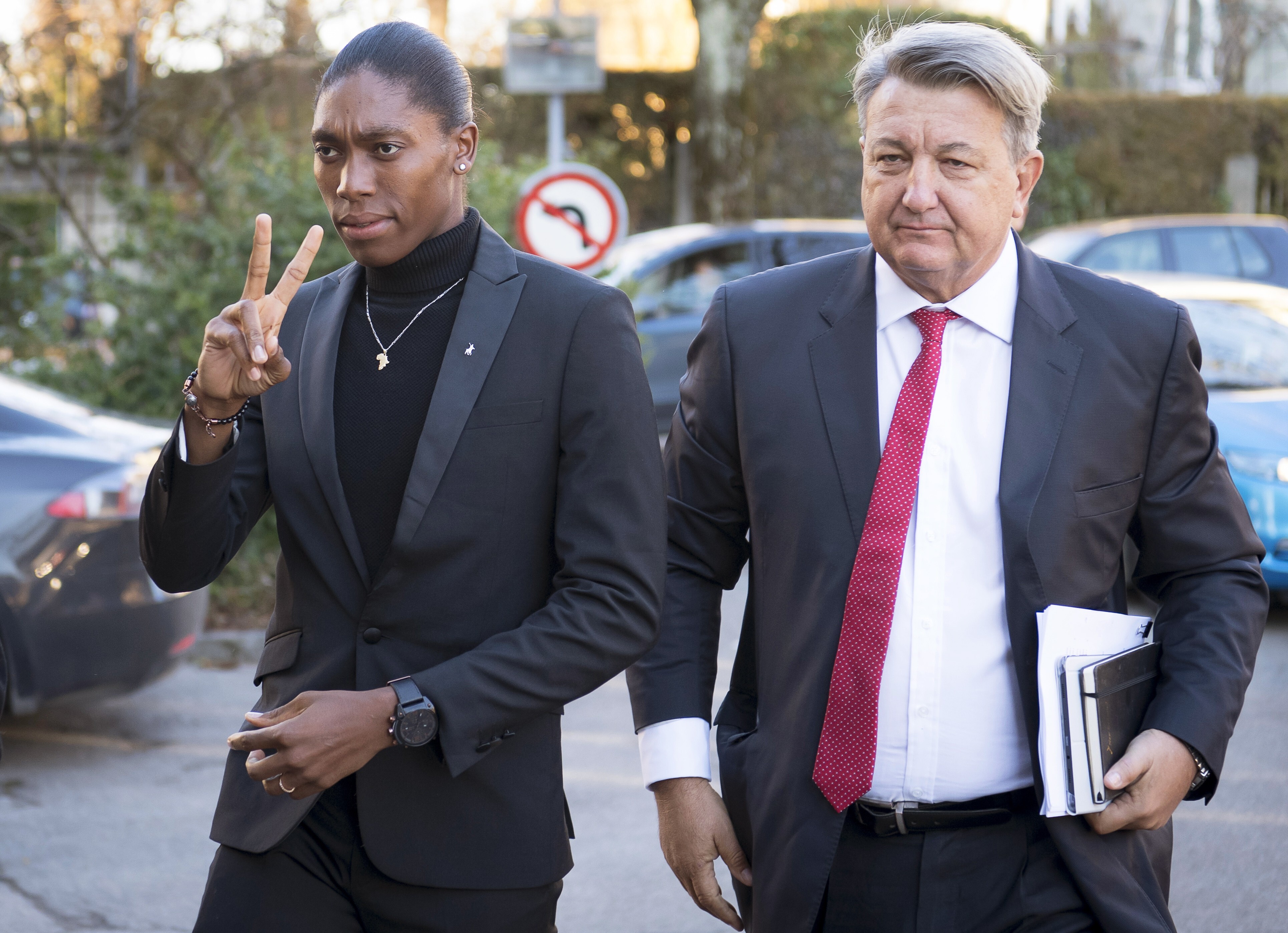 South African runner Caster Semenya arrives with her lawyer Gregory Nott for her hearing at the international Court of Arbitration for Sport (CAS) in Lausanne, Switzerland in 2019. Photo: EPA