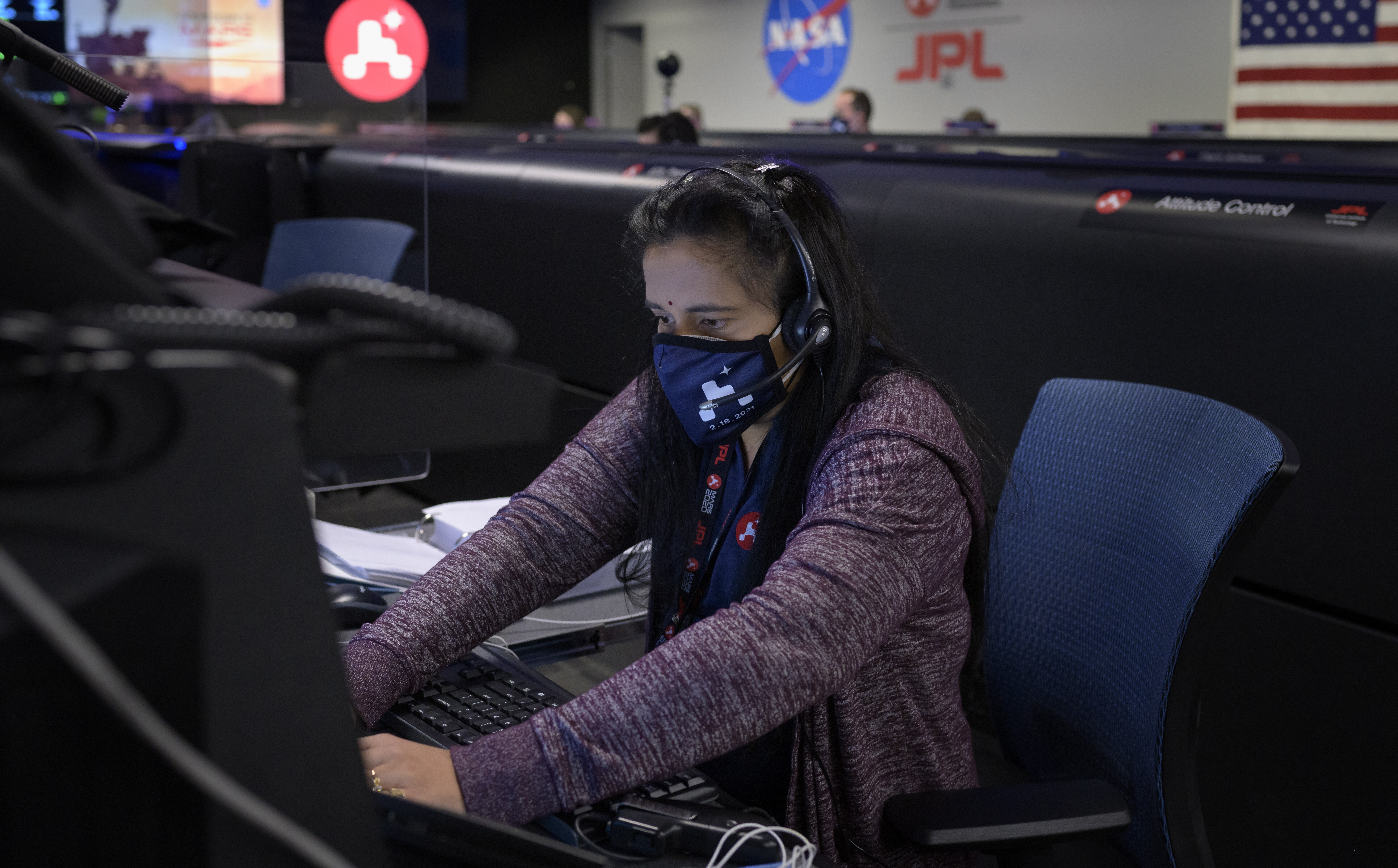 Swati Mohan monitoring the Perseverance rover mission at Nasa's Jet Propulsion Laboratory in Pasadena, California. Photo: EPA-EFE