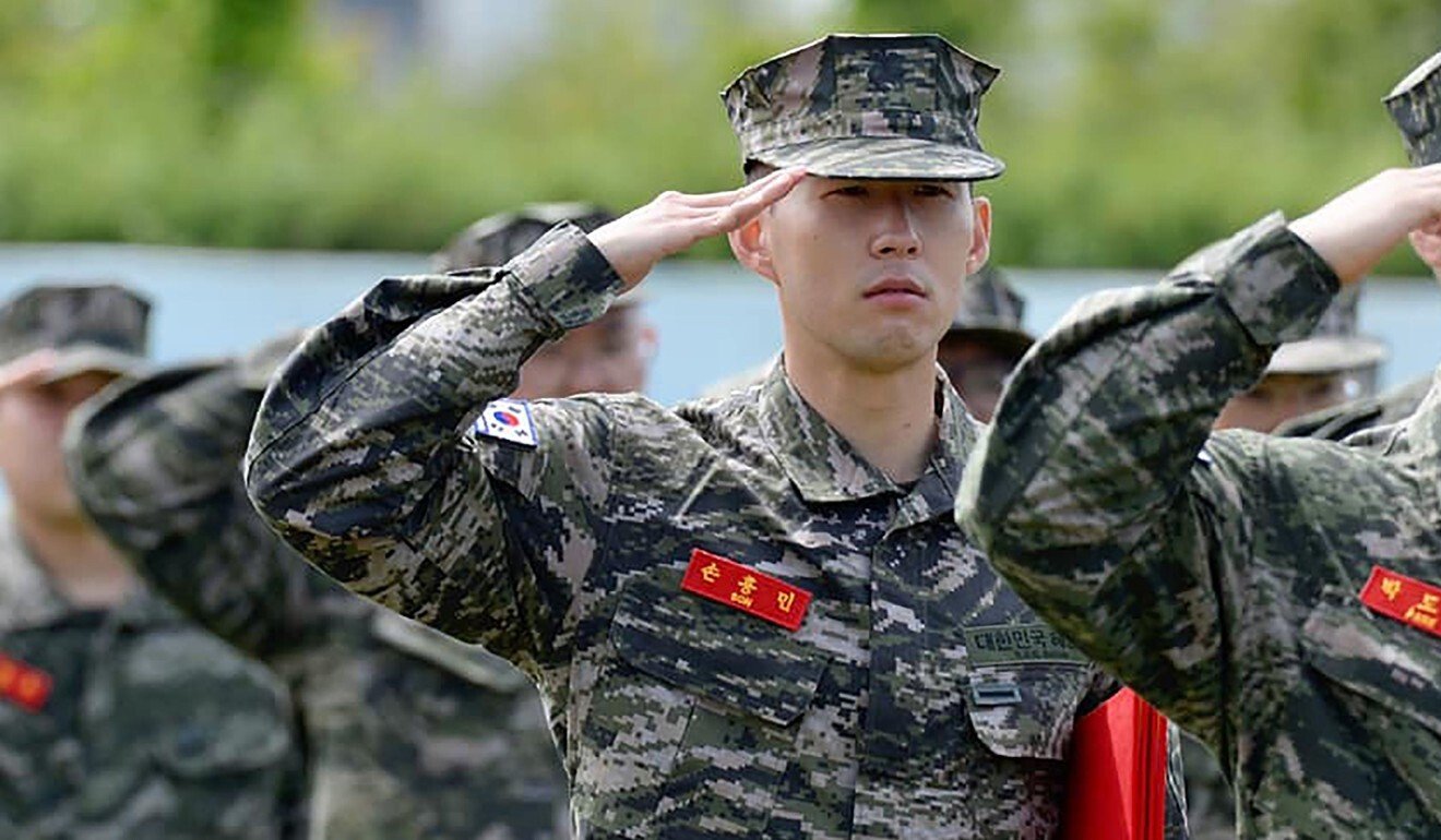 South Korean striker Son Heung-min in military uniform saluting during a basic military training completion ceremony at a marines boot camp in Jeju island in 2020. Photo: AFP