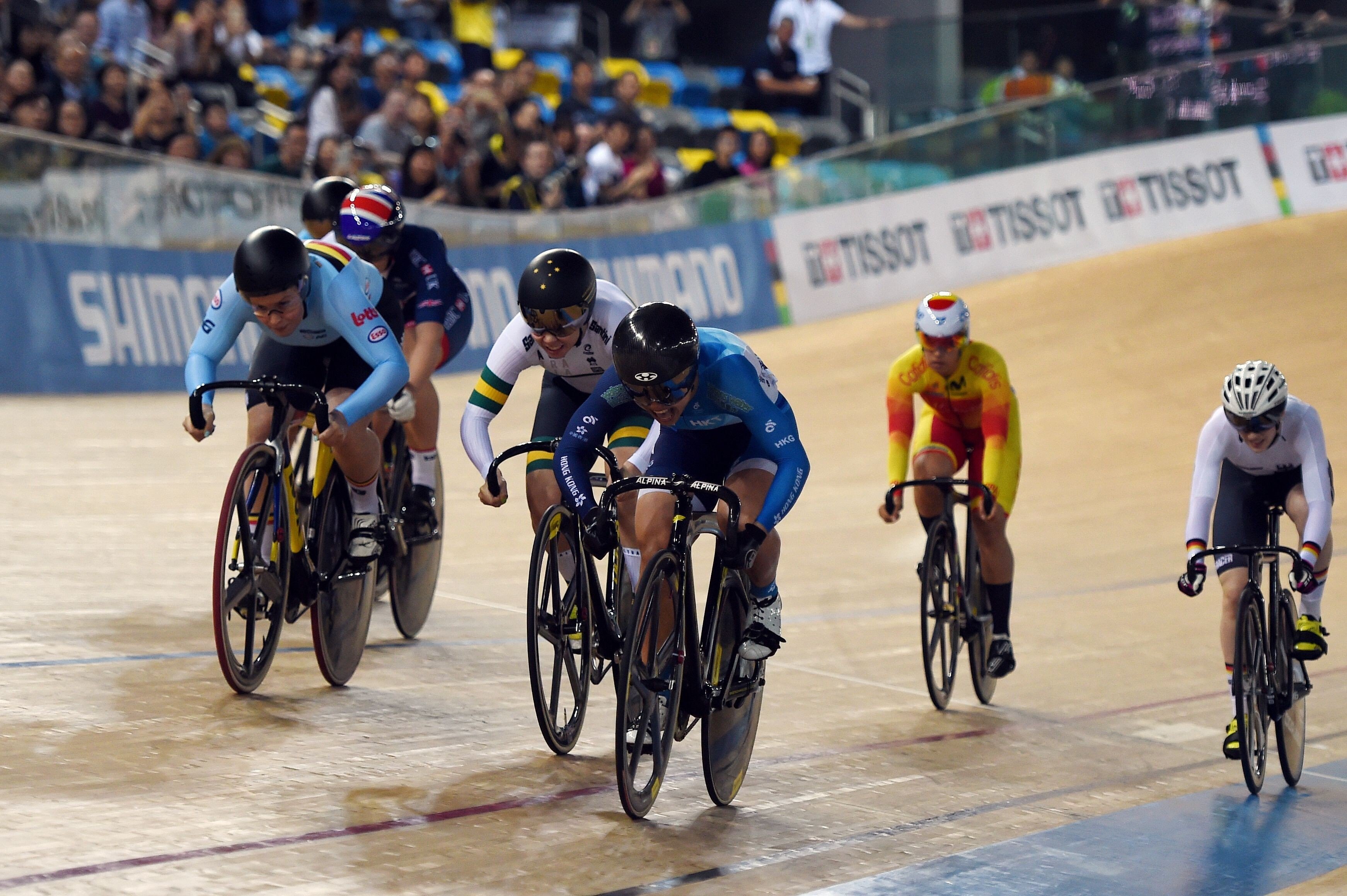 Sarah Lee (centre) leads as she approaches the finish line during the women’s keirin heat in the 2017 world championships at Tseung Kwan O velodrome. Photo: AFP