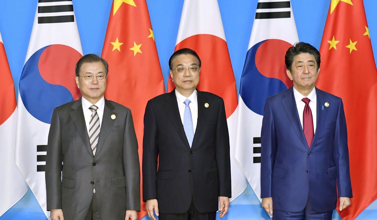 South Korea's President Moon Jae-in, Chinese Premier Li Keqiang and then Japanese prime minister Shinzo Abe in 2019. Photo: AFP