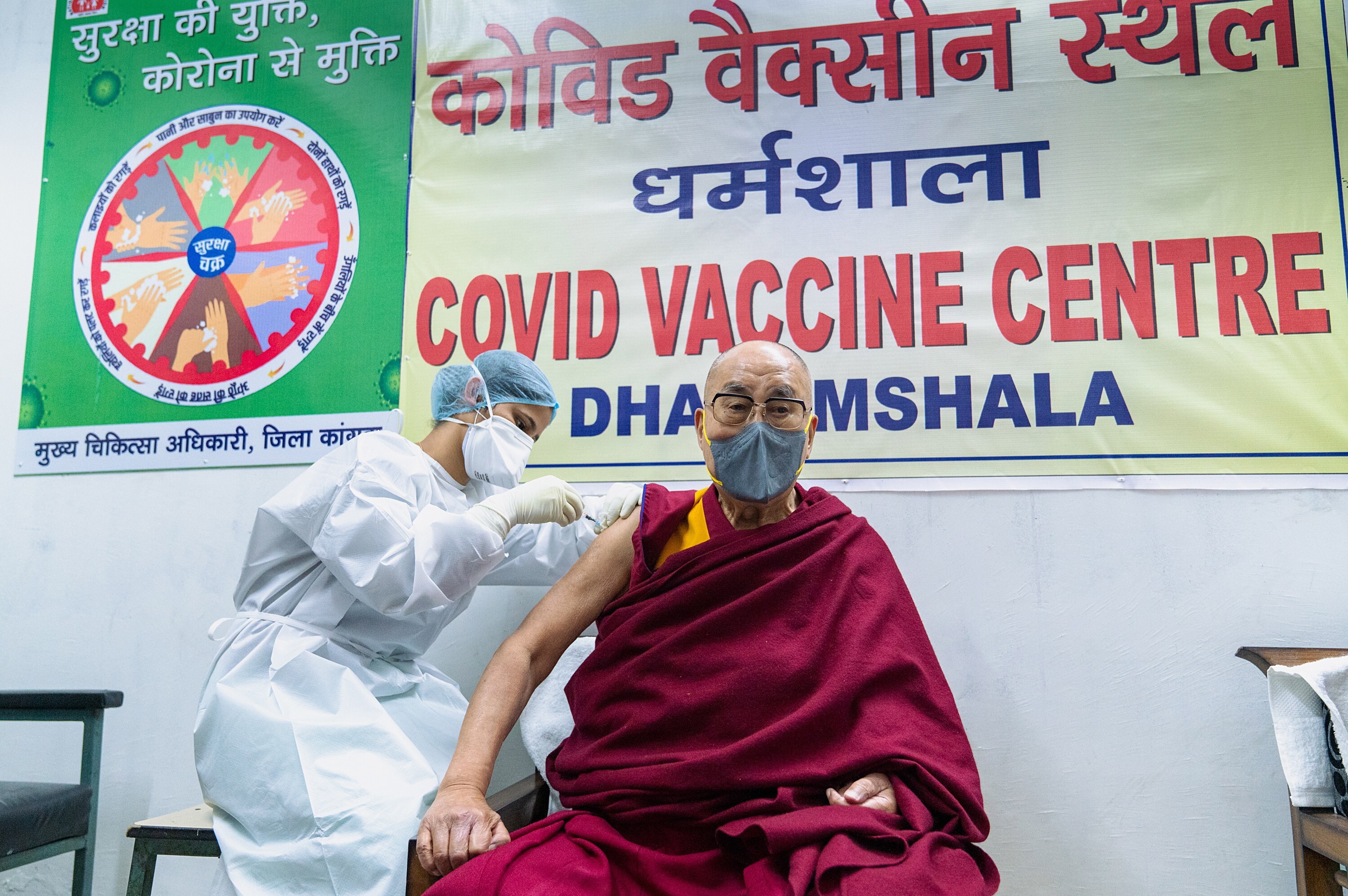 The Dalai Lama receiving his first Covid-19 vaccination in Dharamsala, India, on Saturday. Photo: EPA-EFE