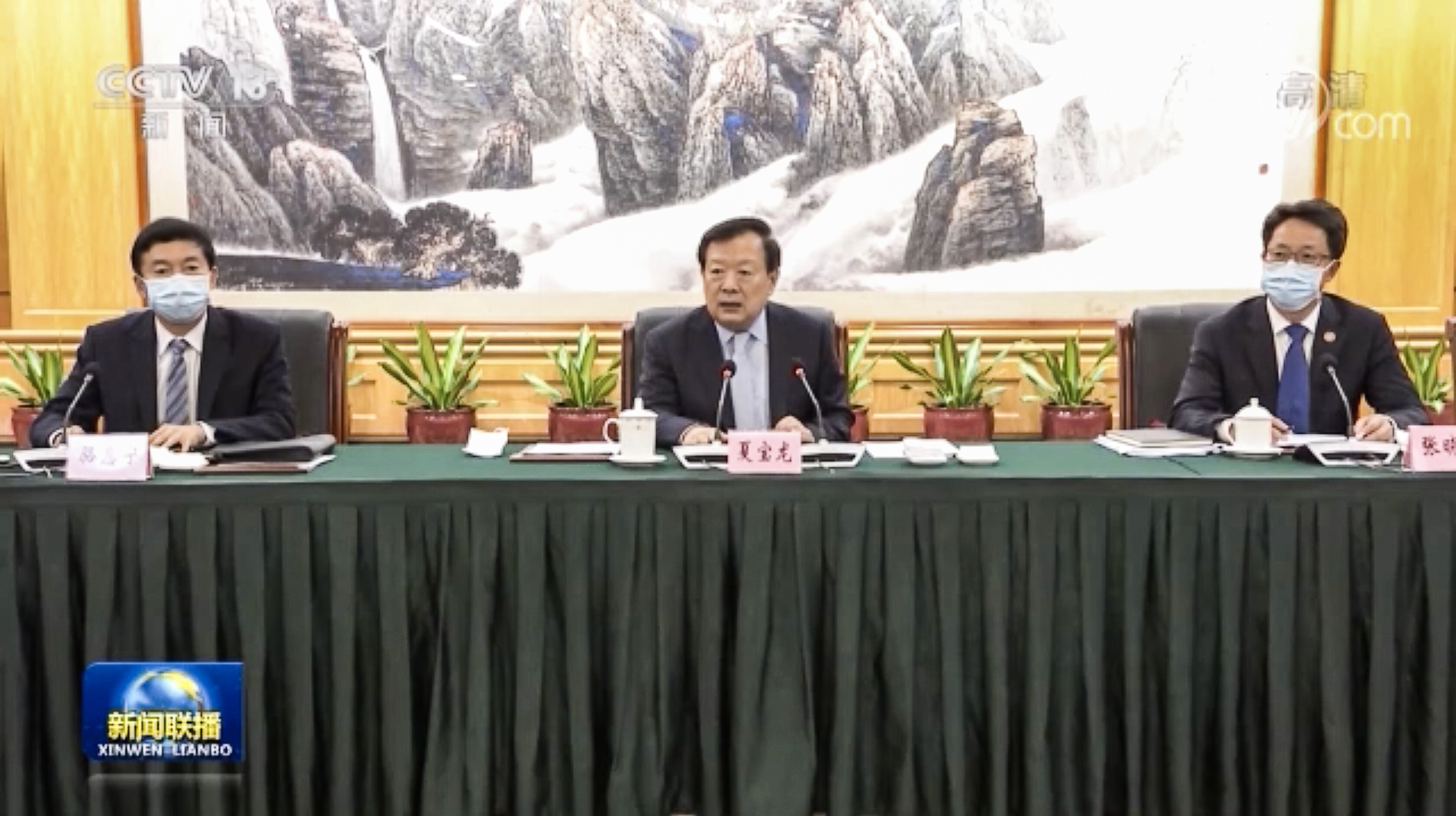 Xia Baolong (centre), director of the State Council’s Hong Kong and Macau Affairs Office, attends a seminar with pro-establishment figures in Shenzhen on Monday. Photo: CCTV