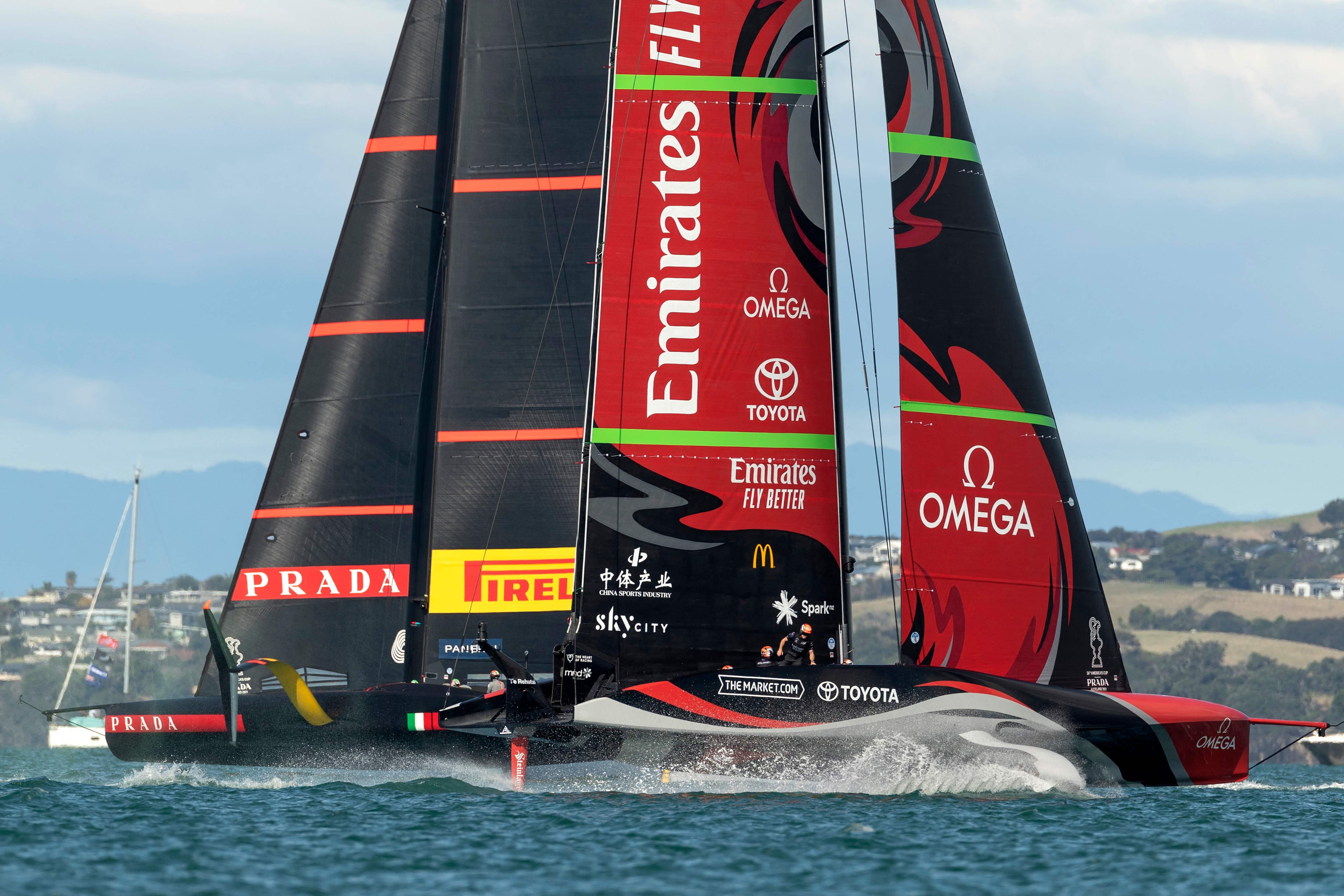 Luna Rossa Prada Pirelli and Emirates Team New Zealand are neck and neck after days. Photo: AFP