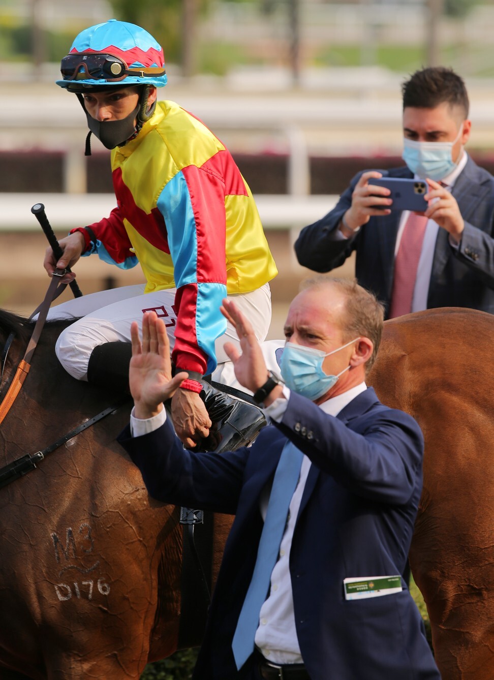 Trainer Richard Gibson and jockey Alexis Badel following Wellington’s victory.