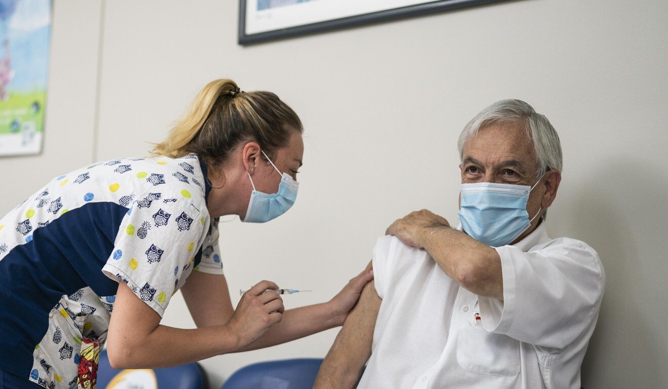 Chilean President Sebastian Pinera gets his second dose of the coronavirus vaccine in Santiago on Friday. Photo: Handout via Xinhua