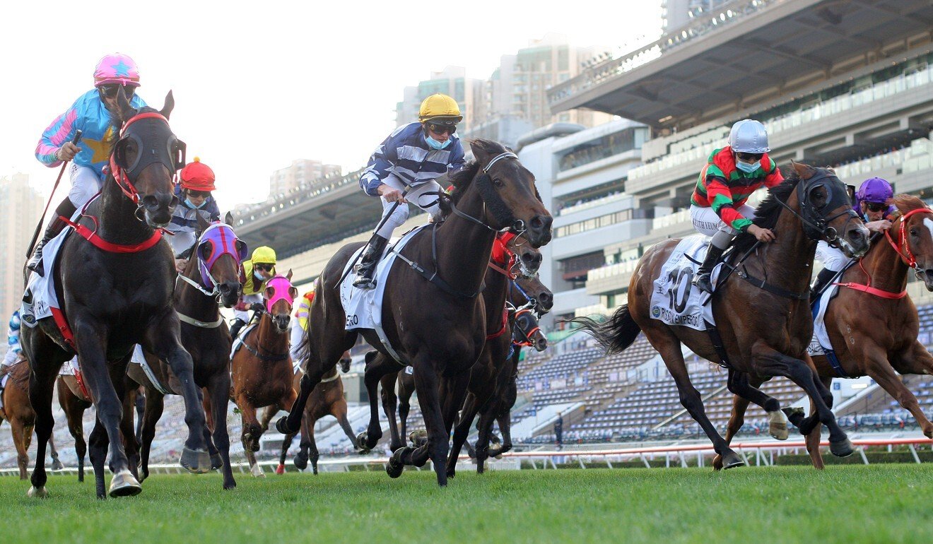 Russian Emperor (right) bursts through to run second in the Classic Cup last month.