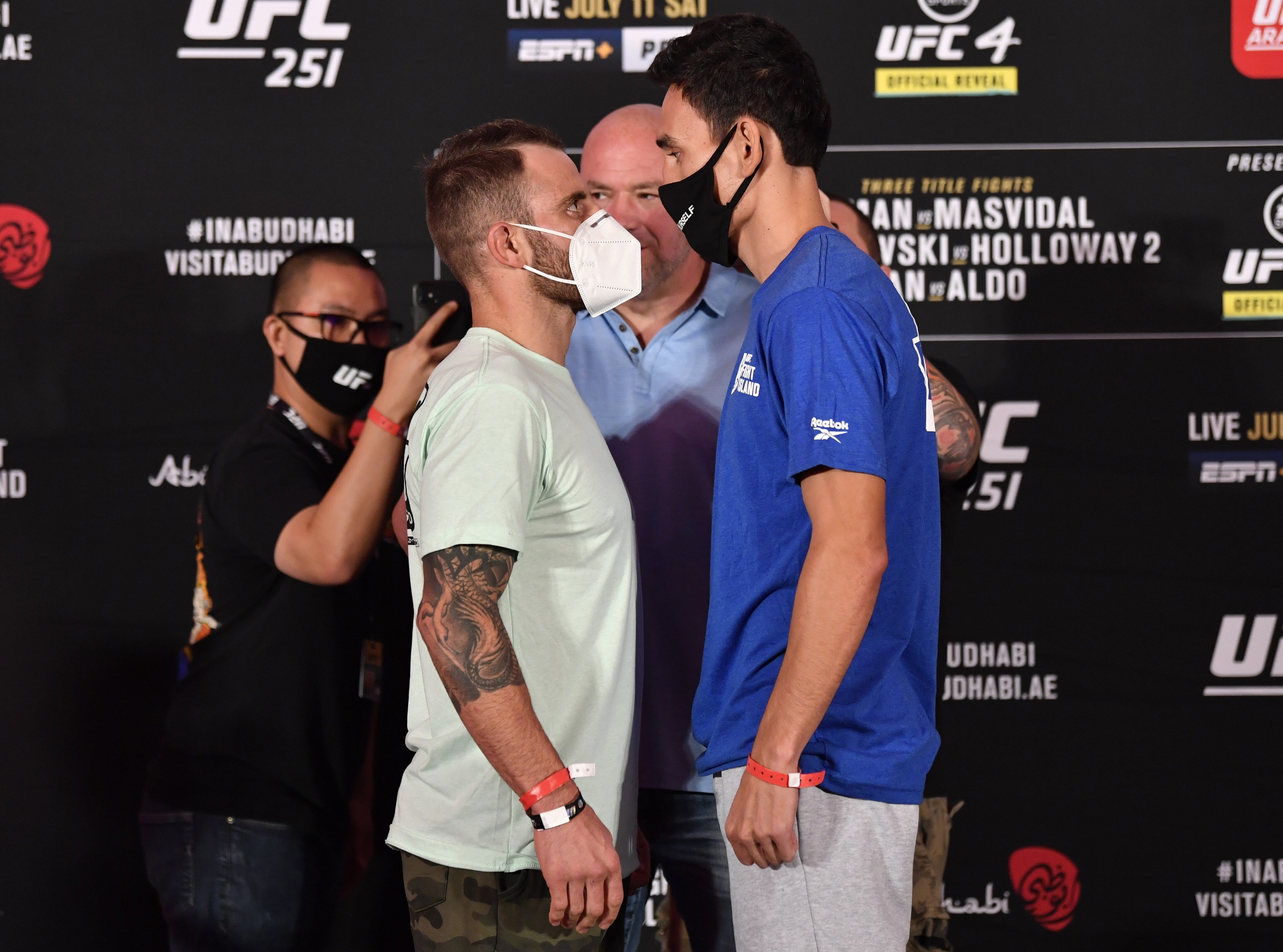 Alexander Volkanovski (left) and Max Holloway face off during the UFC 251 official weigh-in inside Flash Forum in Abu Dhabi. Photos: Jeff Bottari/Zuffa LLC