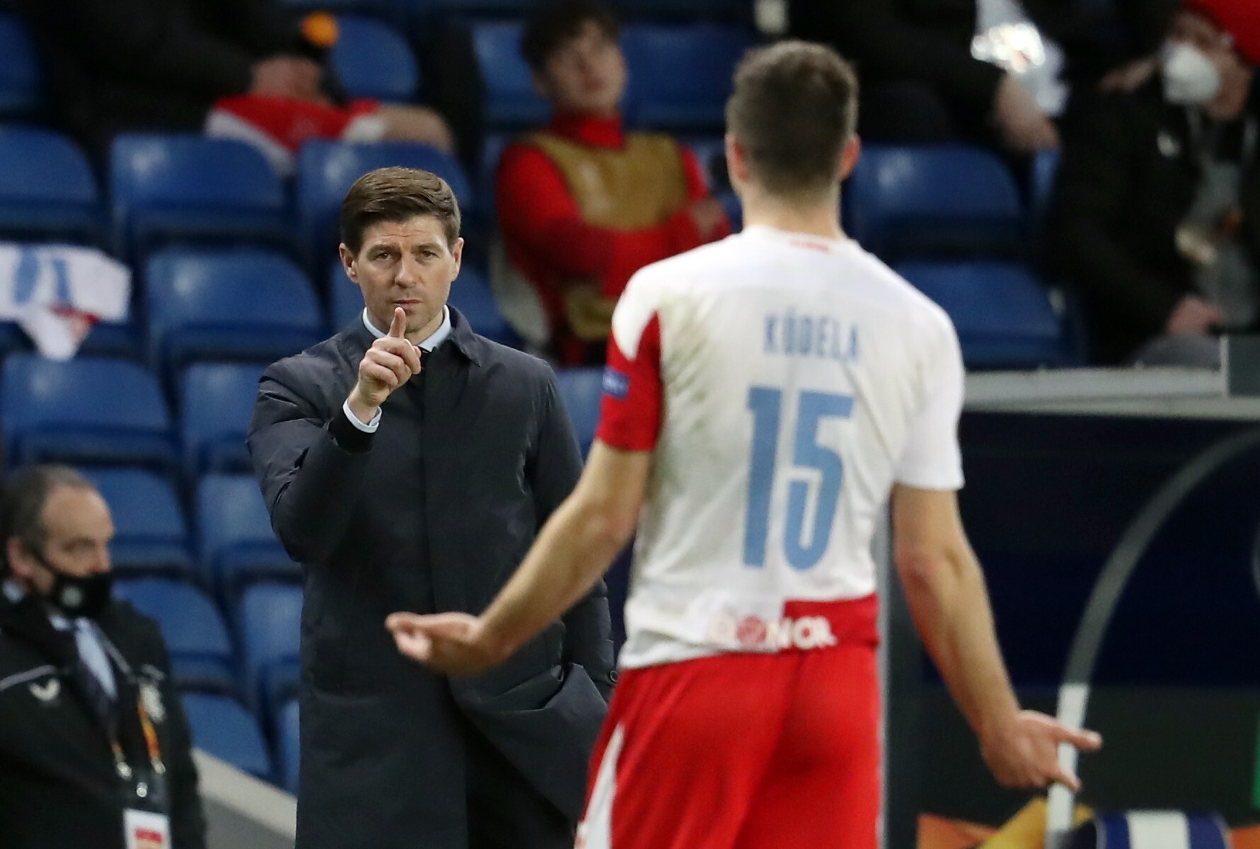 Rangers manager Steven Gerrard gestures to Slavia Prague’s Ondrej Kudela during their Europa League loss. Photo: Reuters