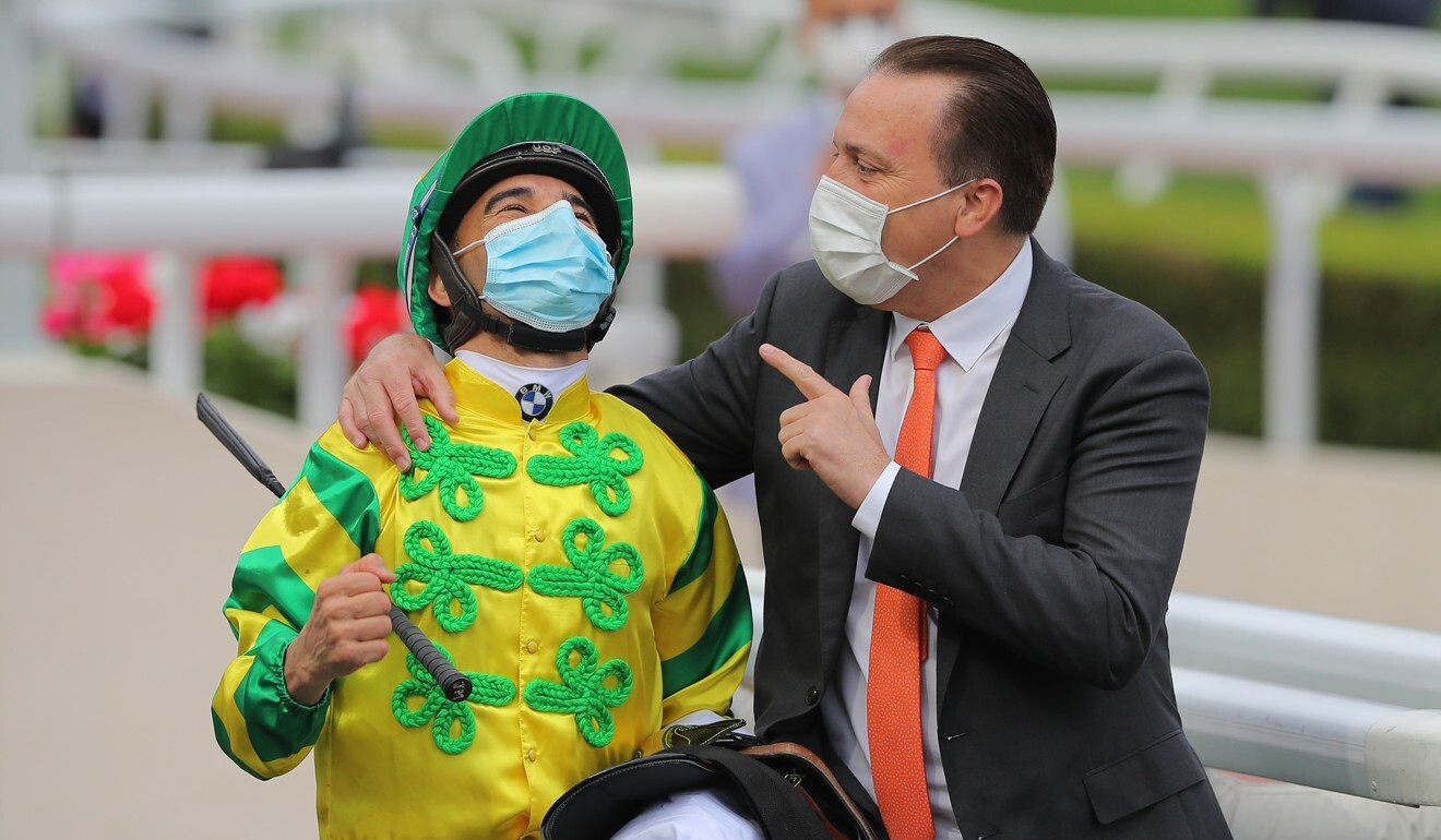 Joao Moreira and Caspar Fownes share a moment after the Sky Darci’s win.