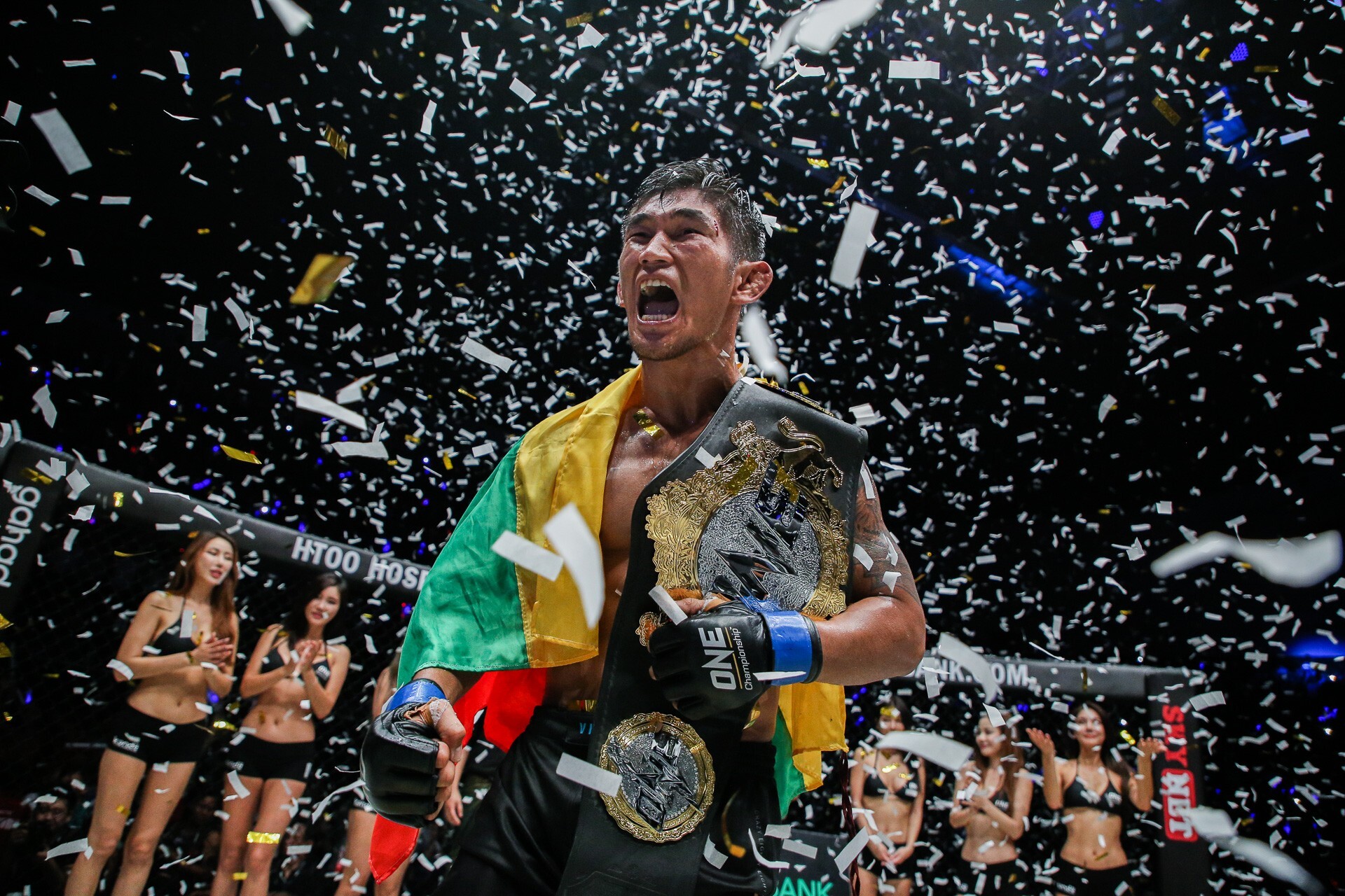 Aung La N Sang celebrates after being crowned ONE middleweight champion in Yangon, Myanmar. Photos: ONE Championship
