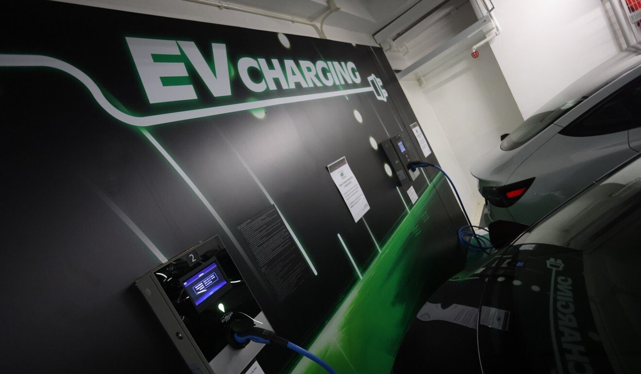 Electric vehicle charging stations at a shopping centre in Hong Kong’s Causeway Bay area. Photo: Nora Tam
