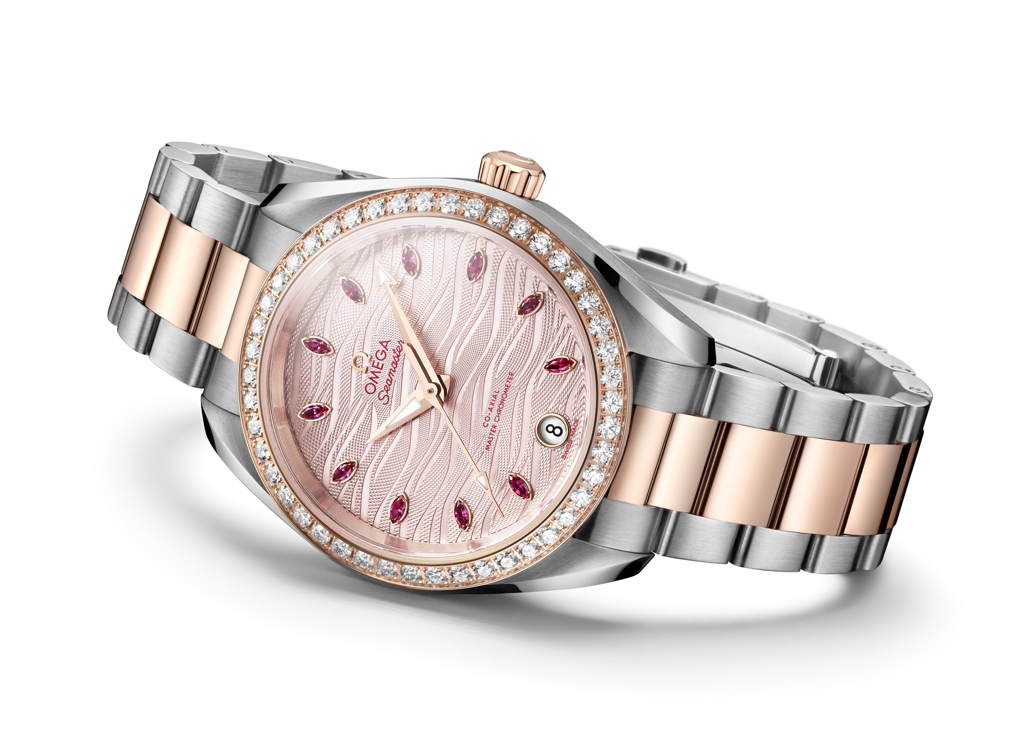 One of the new models in the Seamaster Aqua Terra collection for women features a pale pink dial with marquise-cut rubies used as hour markers. Photo: Omega