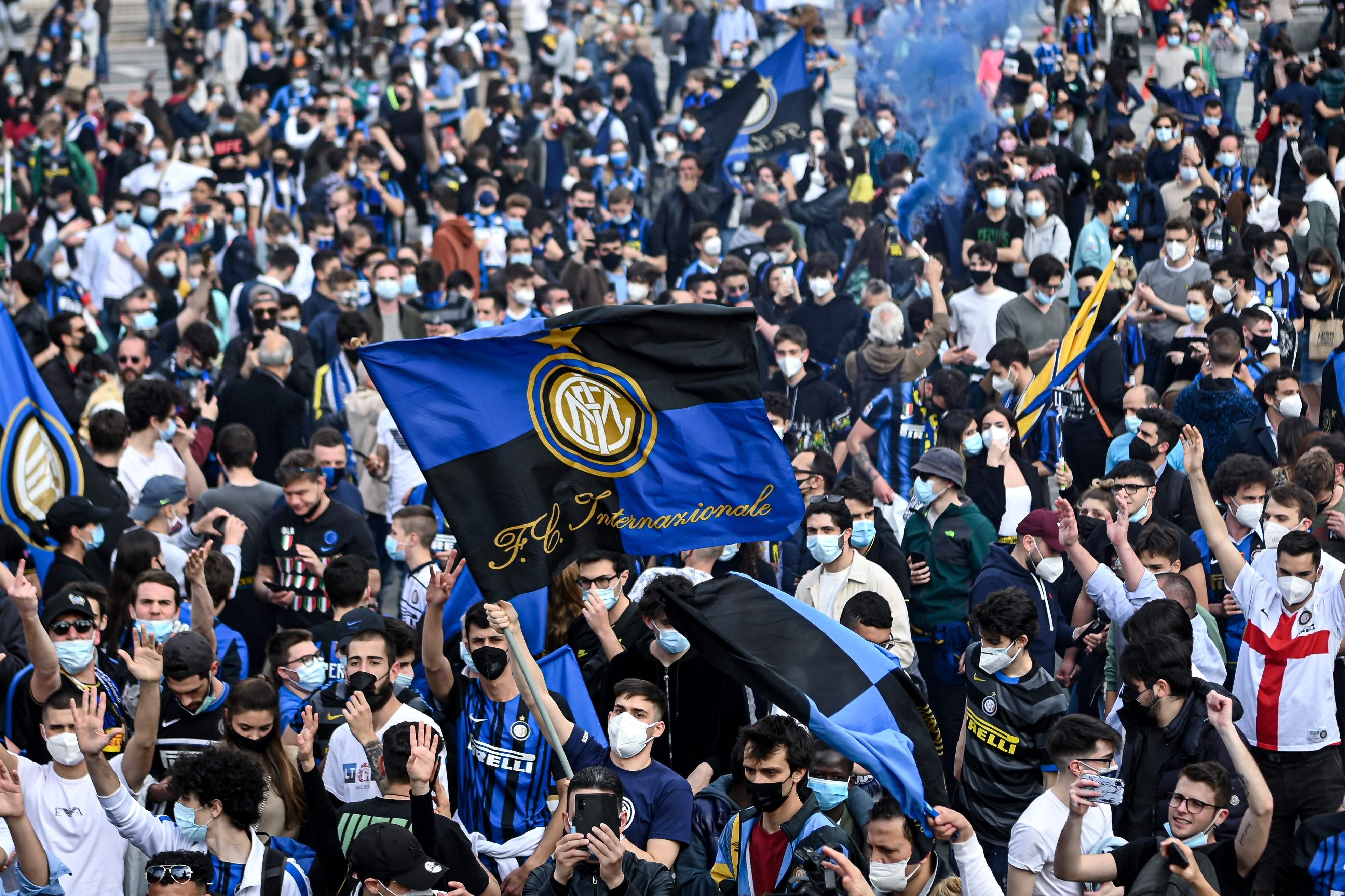 Inter Milan supporters celebrate the club’s Serie A title win at Piazza Duomo in Milan. Photo: AFP