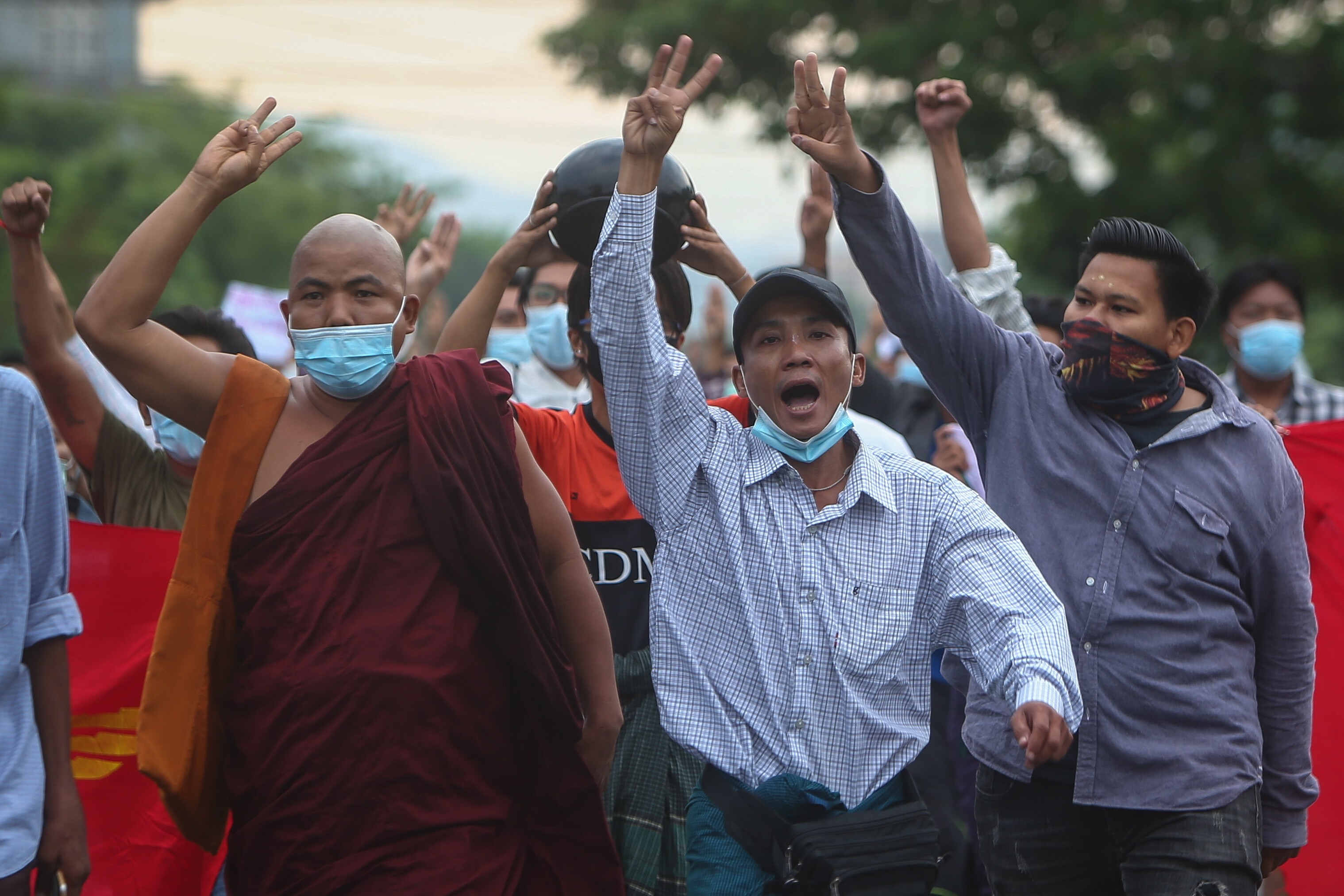 Demonstrators march during an anti-military coup protest in Mandalay on May 3, 2021. Photo: EPA-EFE