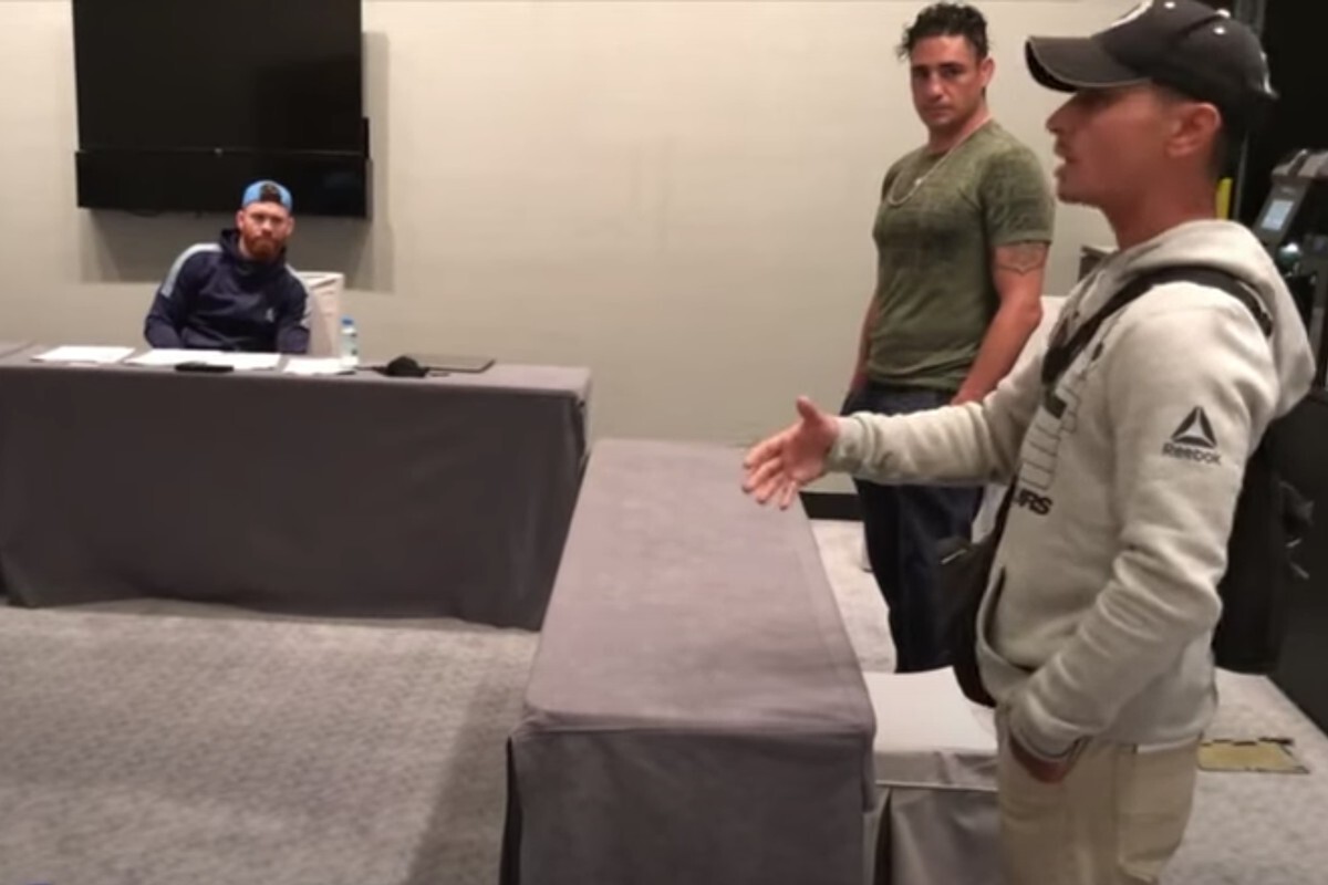 Diego Sanchez’s (left) self-awareness coach Joshua Fabia (right) speaks to the UFC broadcast team on Fight Island. Photo: Instagram/@diegonightmaresanchezufc